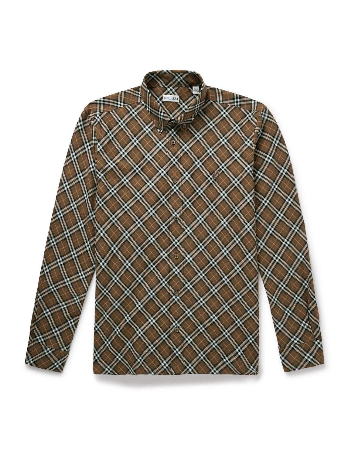 Burberry Button-down Collar Logo-embroidered Checked Cotton-flannel Shirt In Neutrals