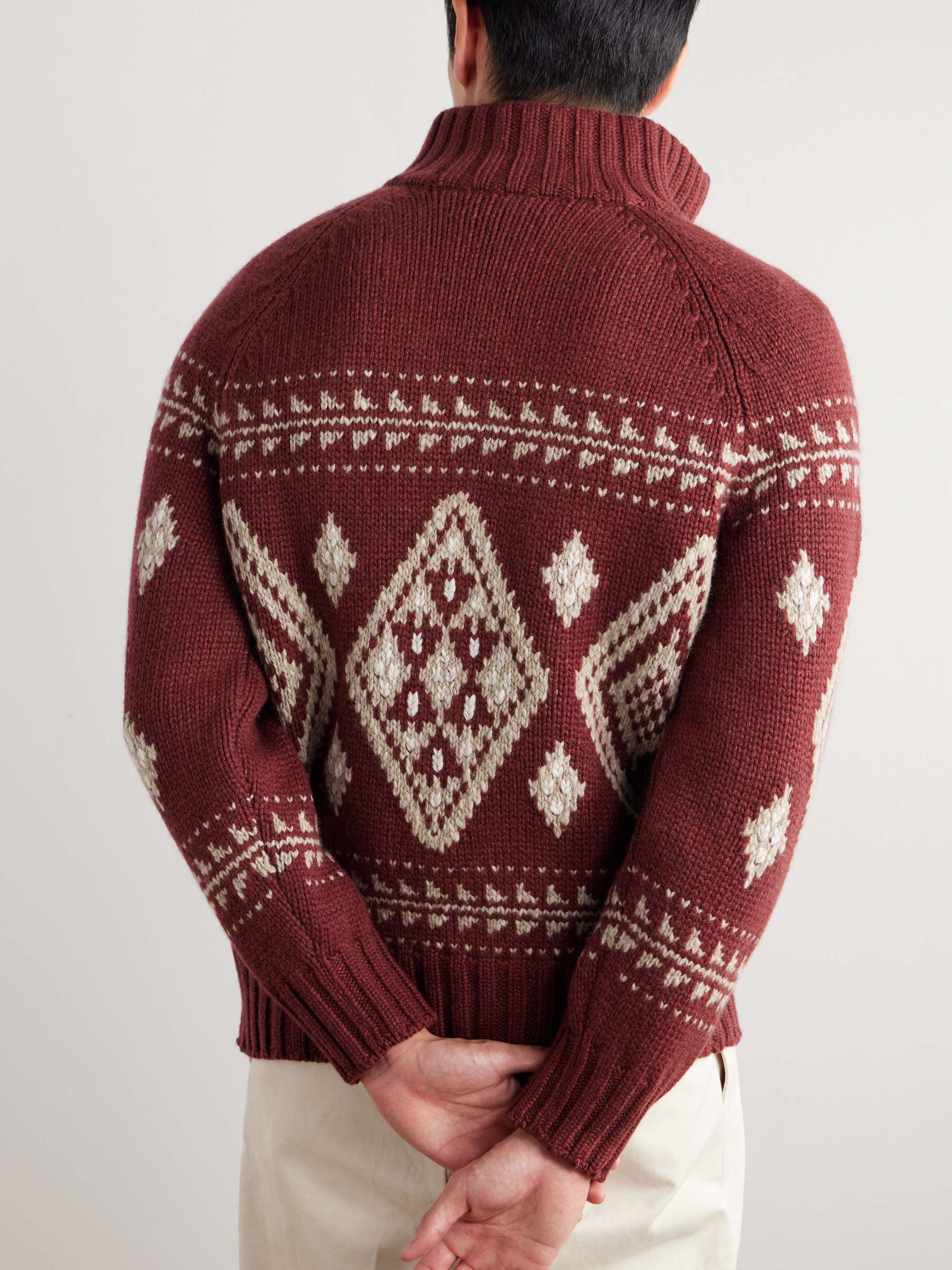 Burgundy Jacquard-Knit Cashmere Zip-Up Cardigan | BRUNELLO Burgundy Jacquard-Knit Cashmere Zip-Up Cardigan | BRUNELLO