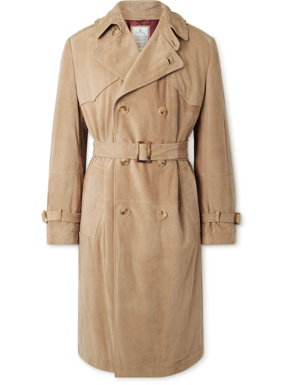 Brunello Cucinelli Double-breasted Belted Padded Suede Trench Coat In Brown