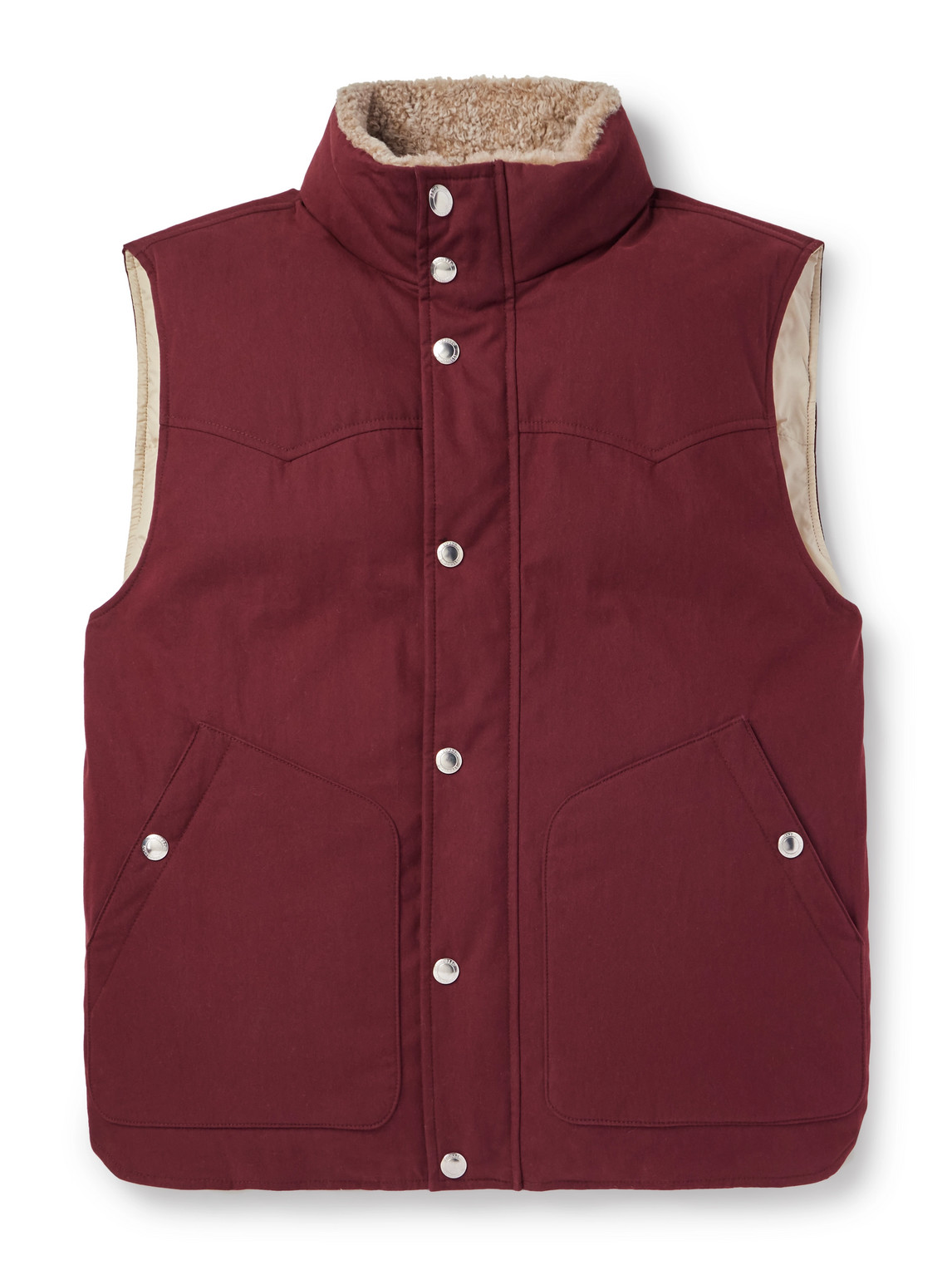 Brunello Cucinelli Shearling-trimmed Cotton-blend Twill Down Gilet In Burgundy