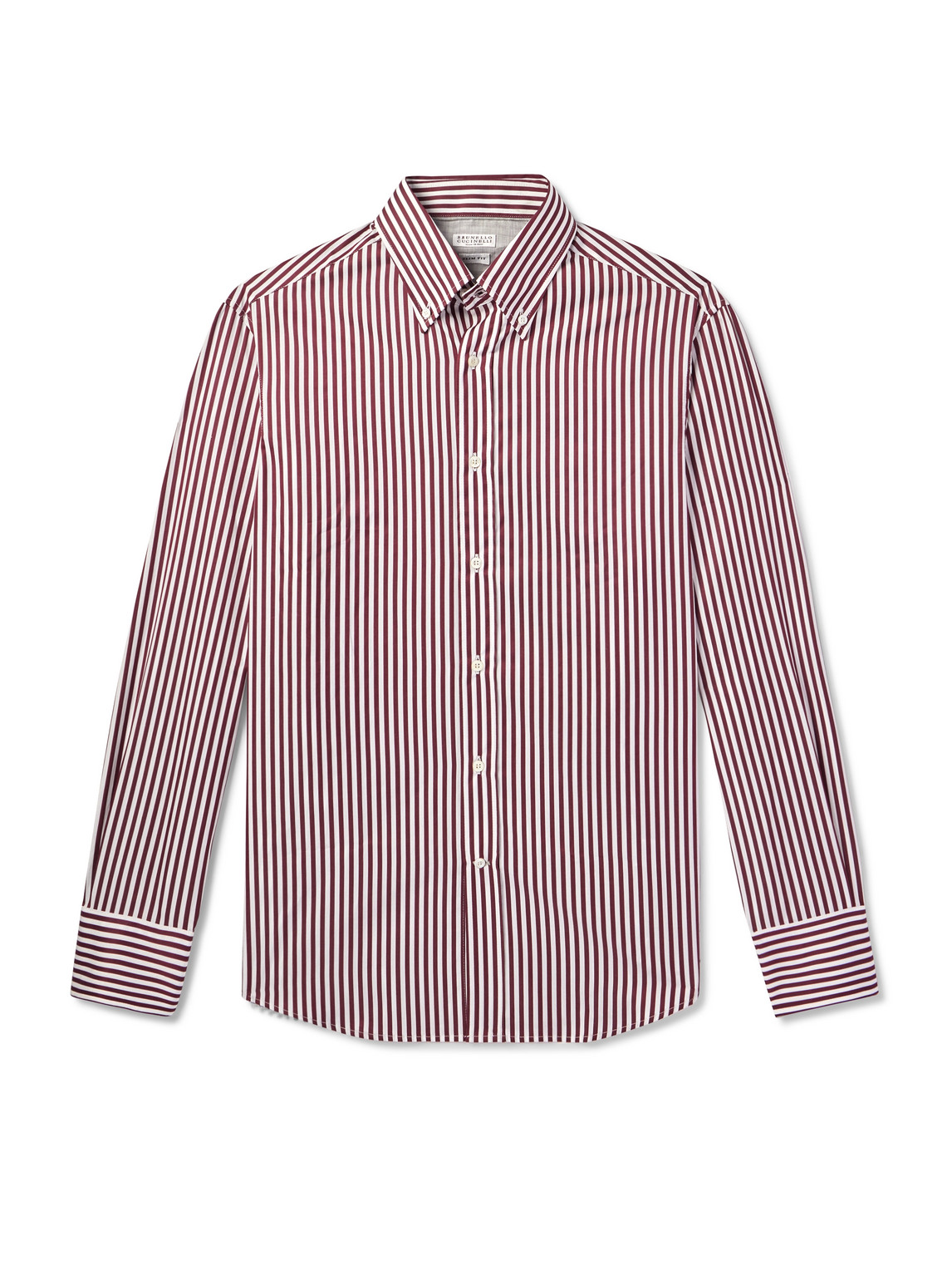 Brunello Cucinelli Button-down Collar Striped Cotton-poplin Shirt In Burgundy