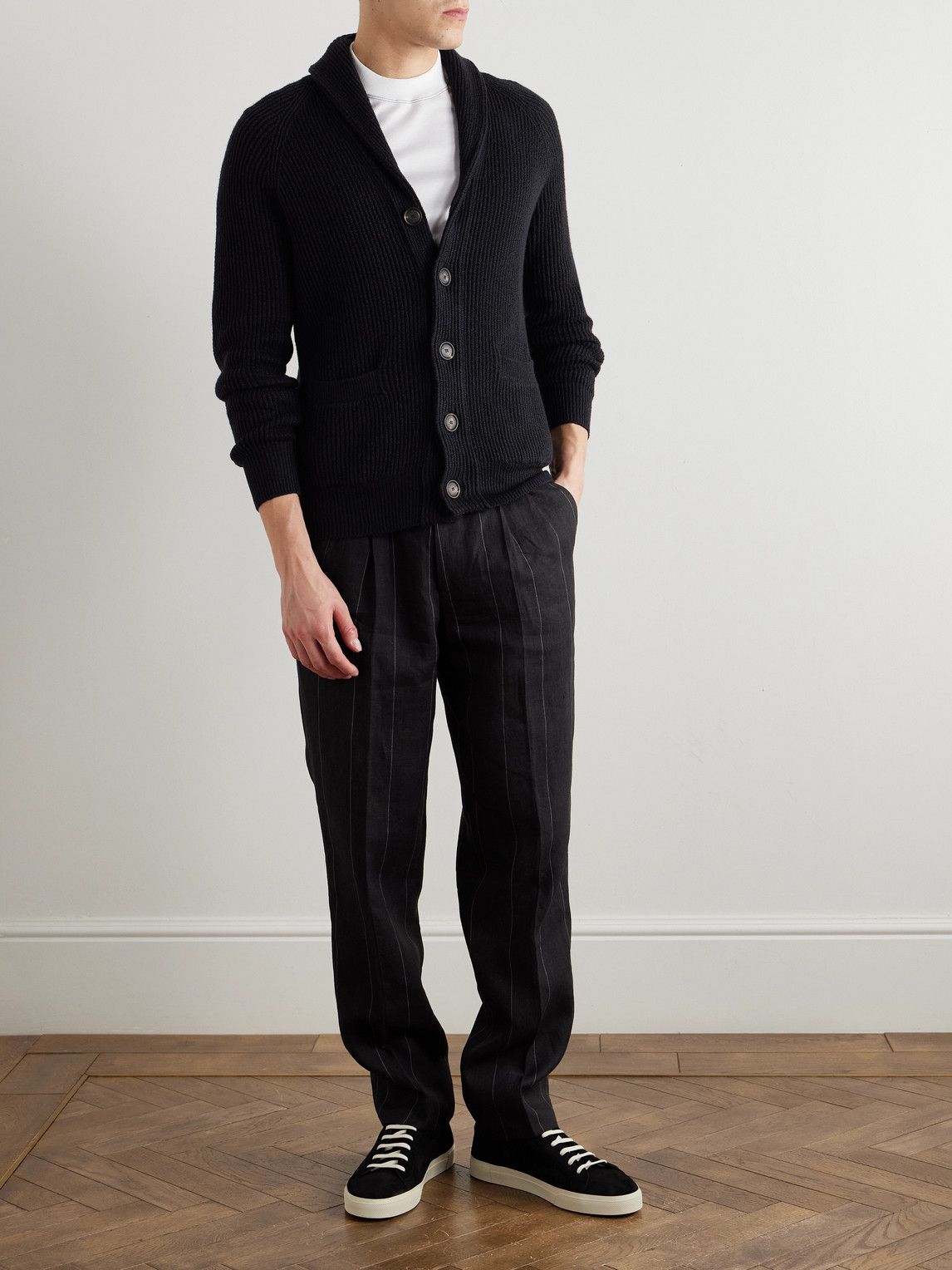 Brunello Cucinelli Shawl-collar Ribbed Cotton Cardigan In Black