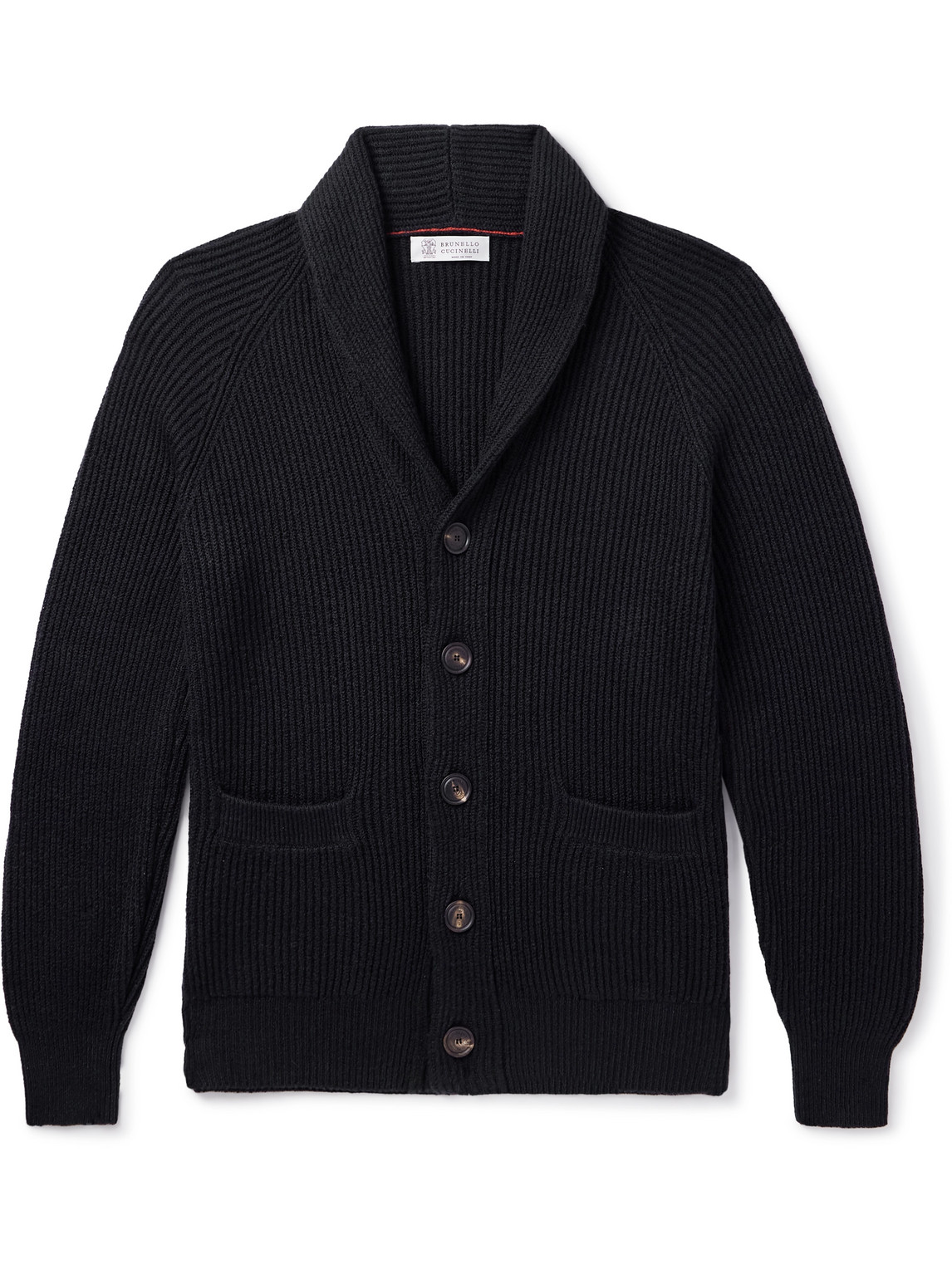 Brunello Cucinelli Shawl-collar Ribbed Cotton Cardigan In Black