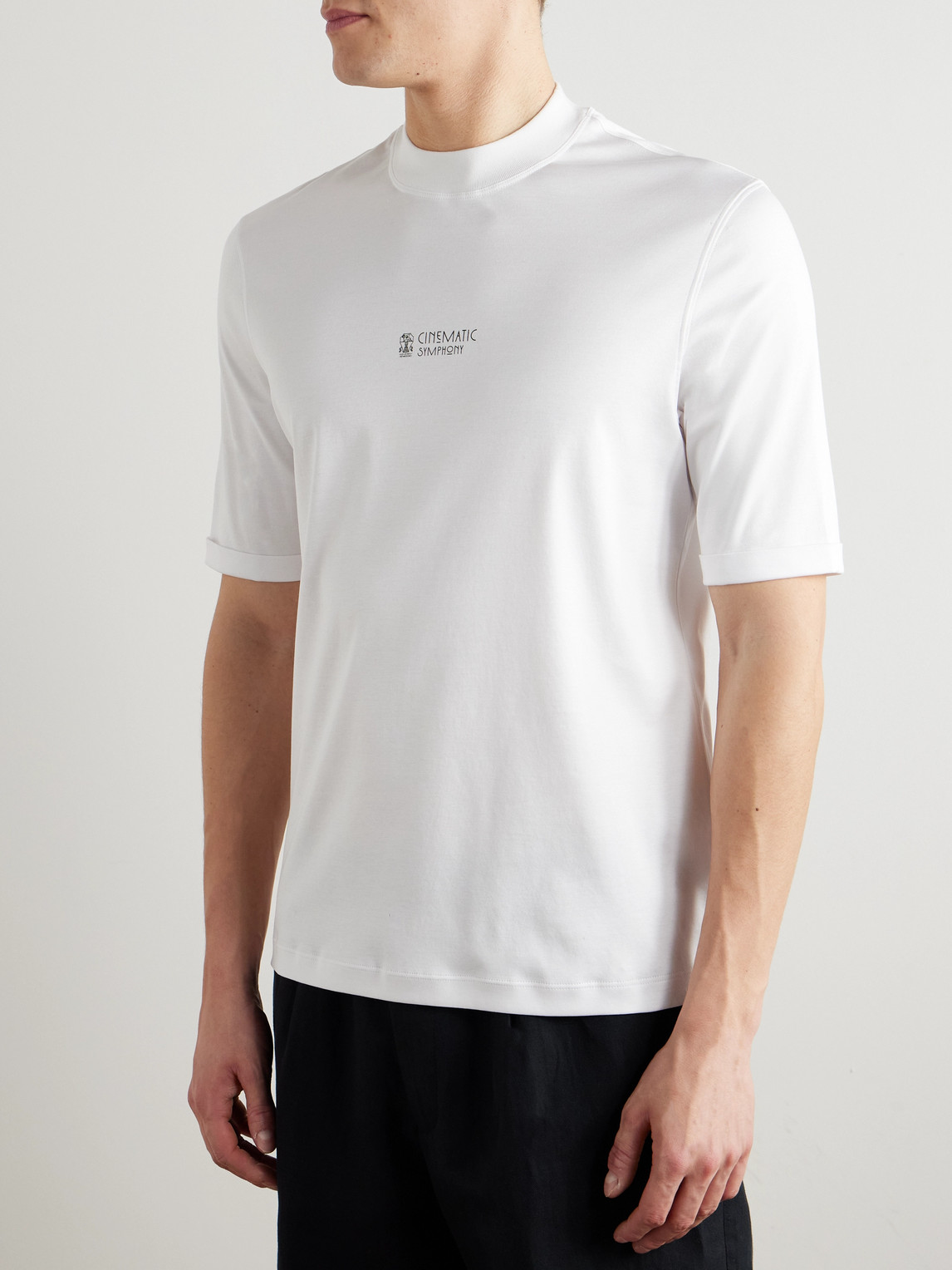 Brunello Cucinelli Mock-neck Logo-print Cotton-jersey T-shirt In White