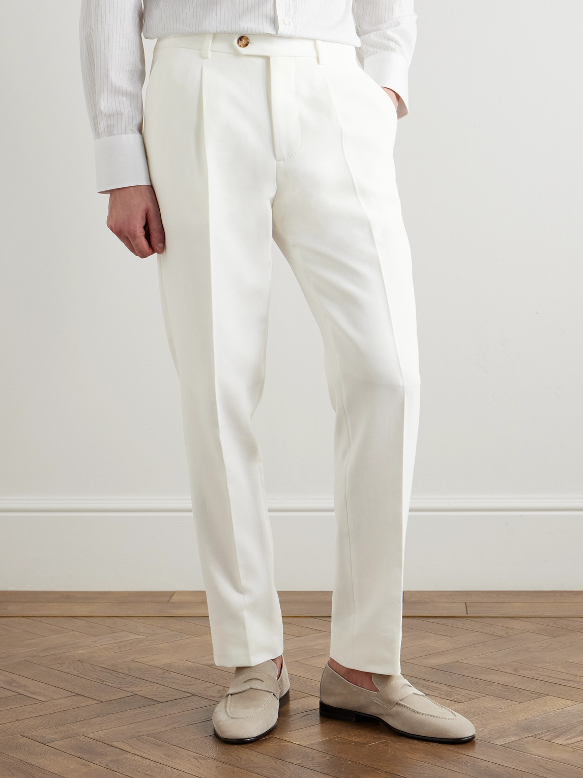 Brunello Cucinelli Slim-fit Pleated Cotton-twill Suit Trousers In White