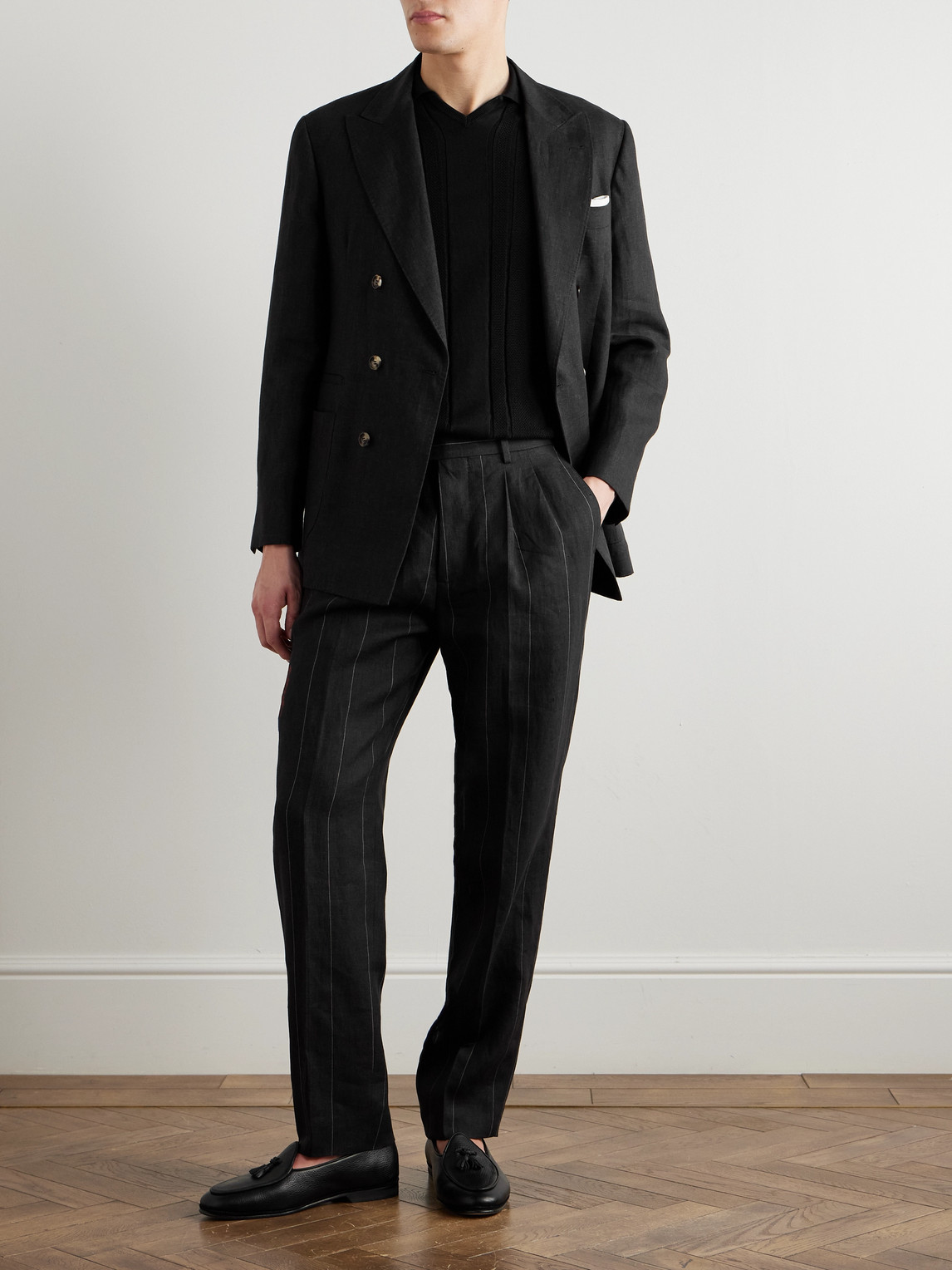 Brunello Cucinelli Slim-fit Pleated Pinstriped Linen Suit Trousers In Black