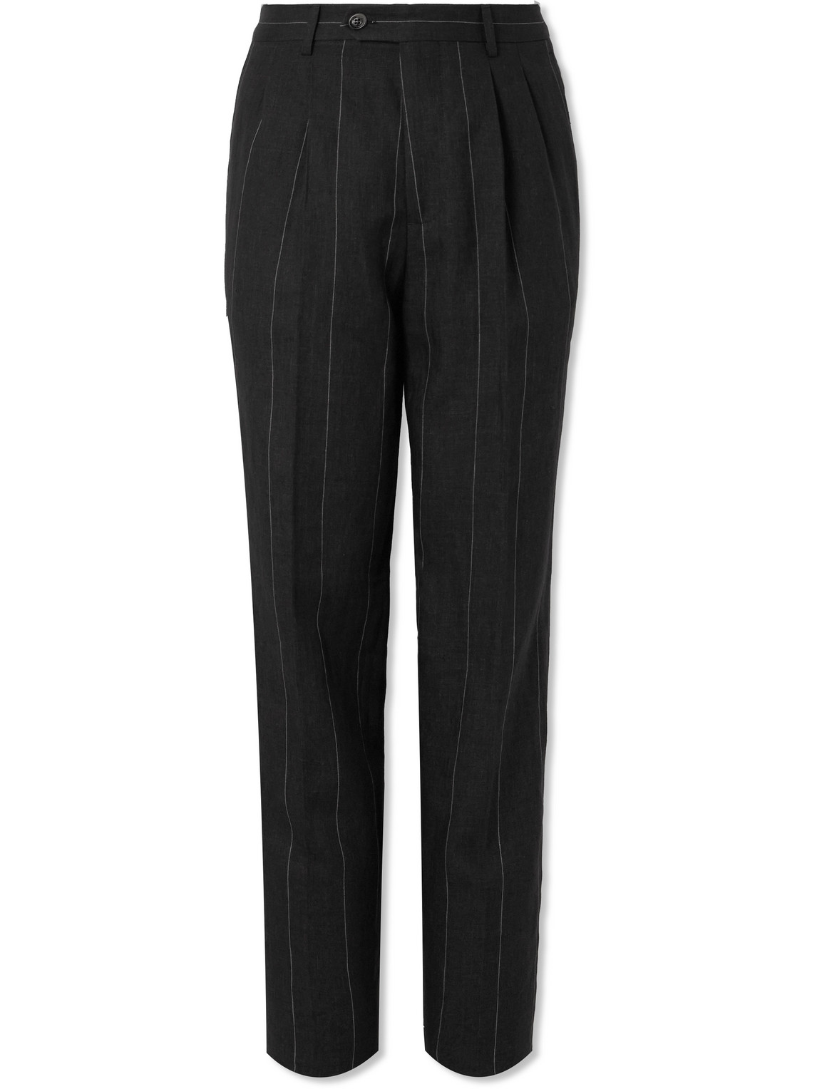 Brunello Cucinelli Slim-fit Pleated Pinstriped Linen Suit Trousers In Black