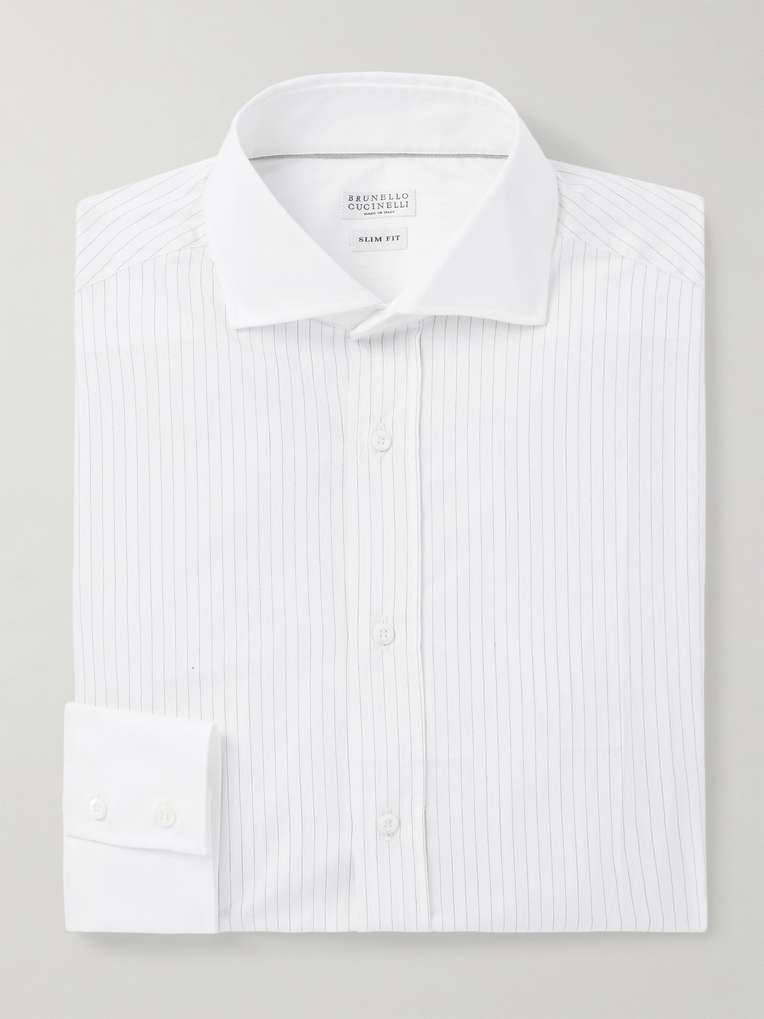 Brunello Cucinelli — Cutaway-Collar Pinstriped Cotton Shirt