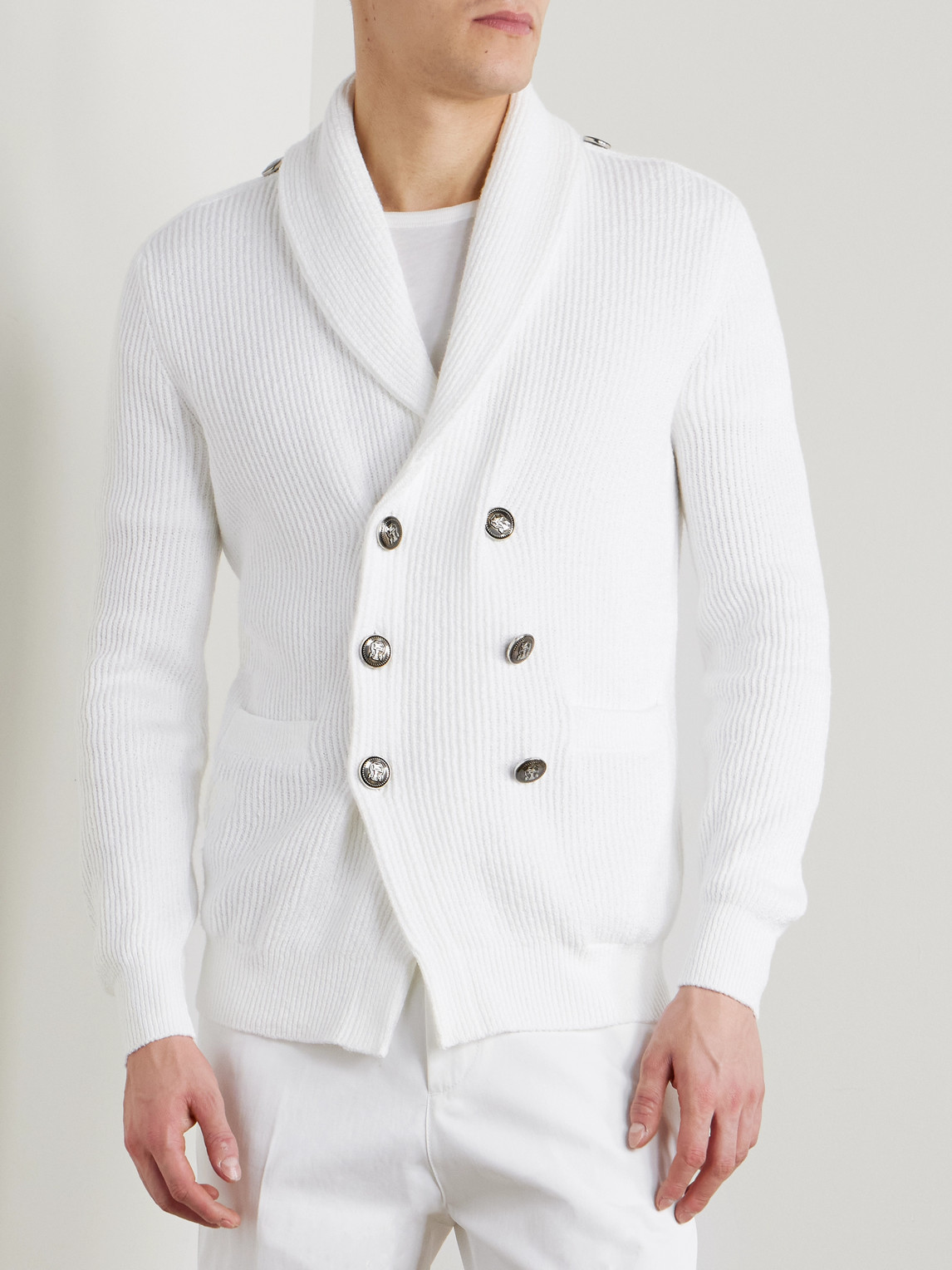 Brunello Cucinelli Shawl-collar Double-breasted Ribbed Cotton Cardigan In White