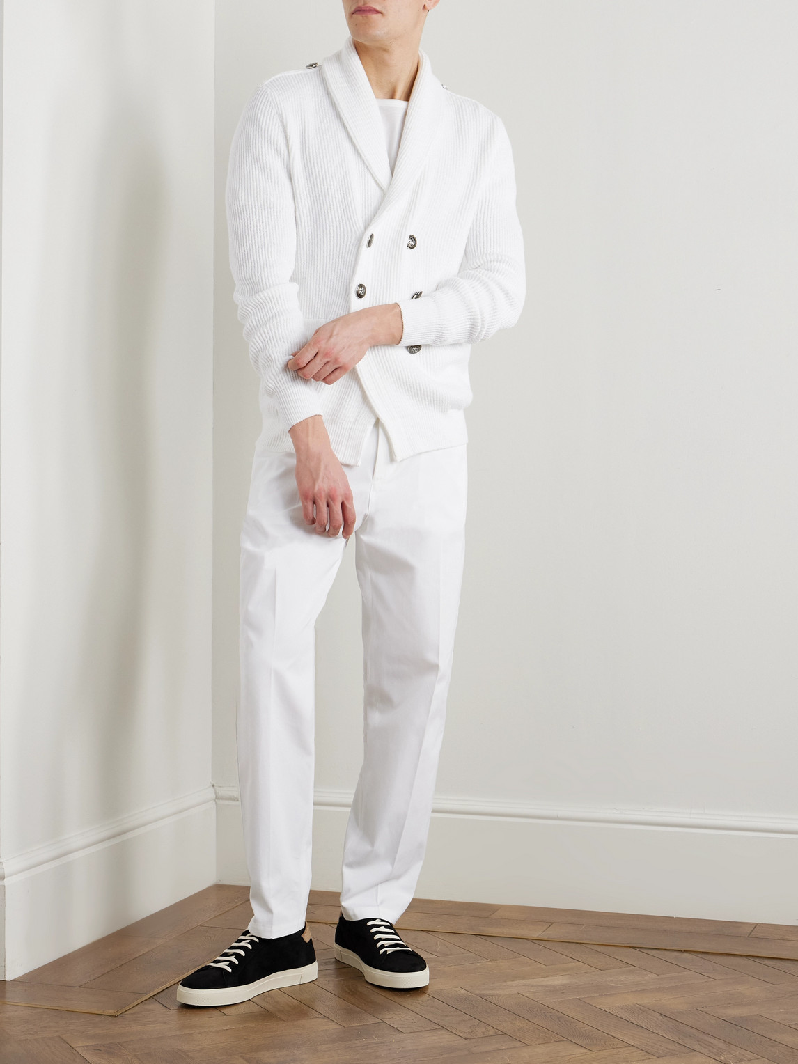 Brunello Cucinelli Shawl-collar Double-breasted Ribbed Cotton Cardigan In White
