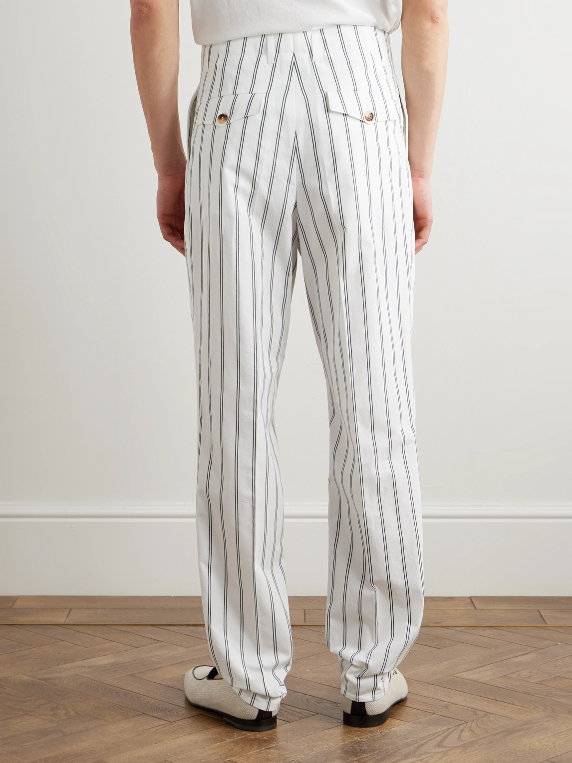 Brunello Cucinelli Straight-leg Pleated Pinstriped Cotton Trousers In White