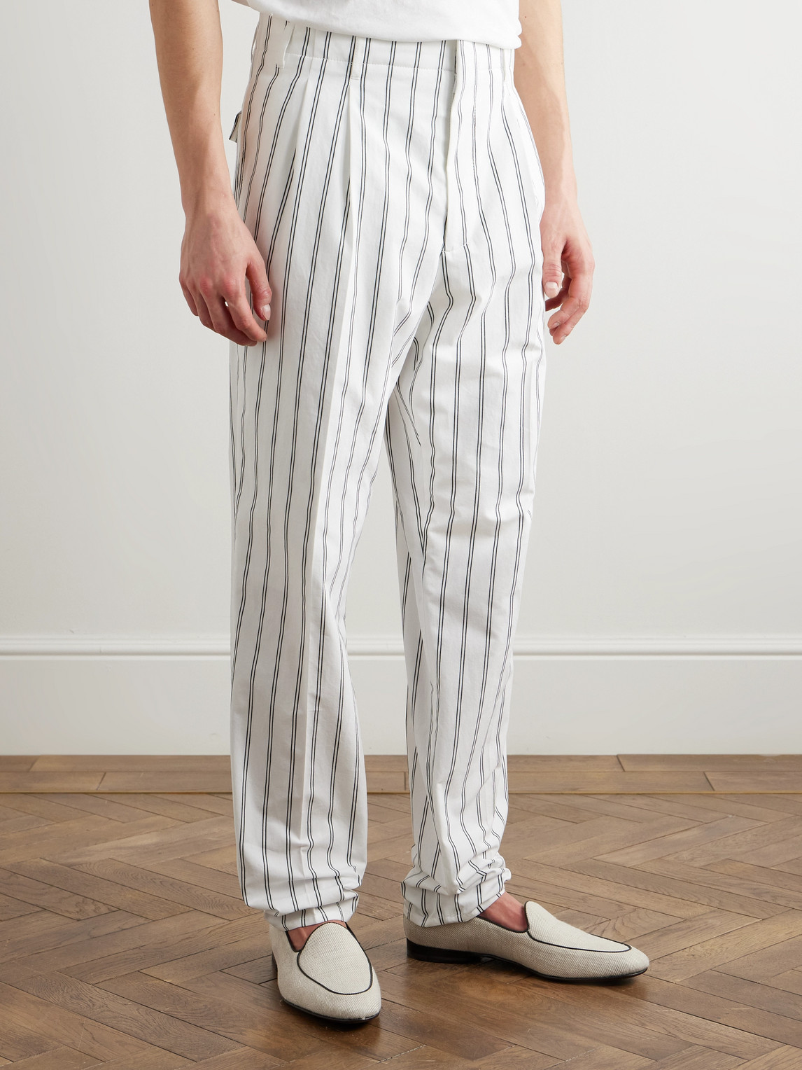 Brunello Cucinelli Straight-leg Pleated Pinstriped Cotton Trousers In White