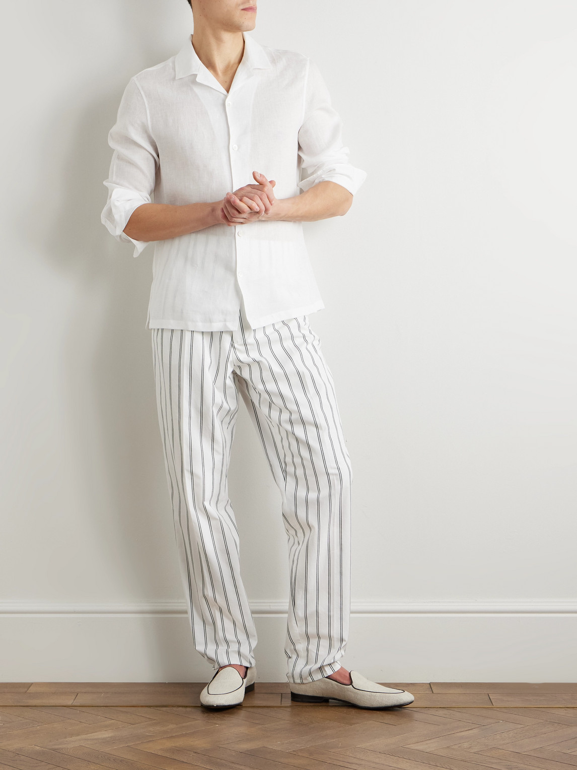 Brunello Cucinelli Straight-leg Pleated Pinstriped Cotton Trousers In White