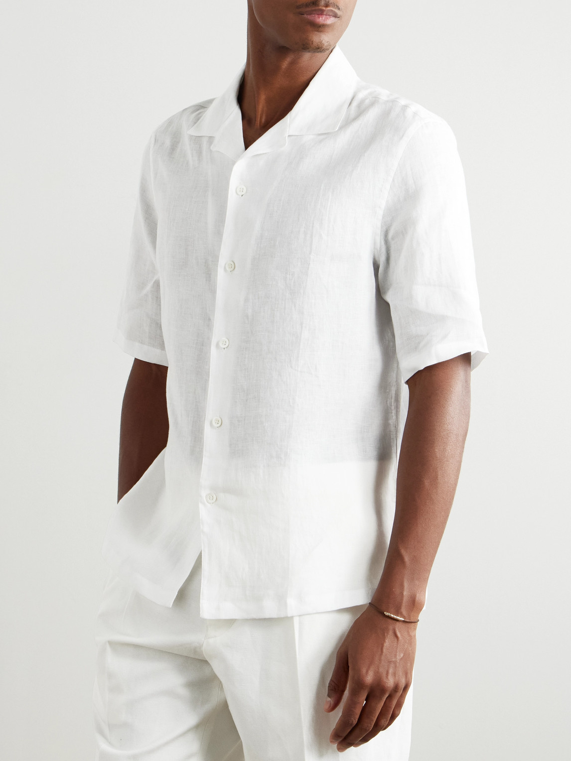 Brunello Cucinelli Linen Shirt With Cuban Collar And Short Sleeves In White