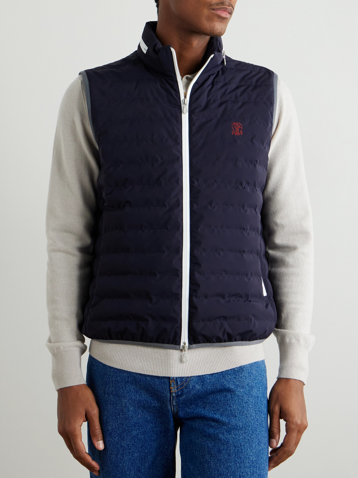 Brunello Cucinelli Gilet In Navy Blue With Front Two-way Zip Fastening In Blue