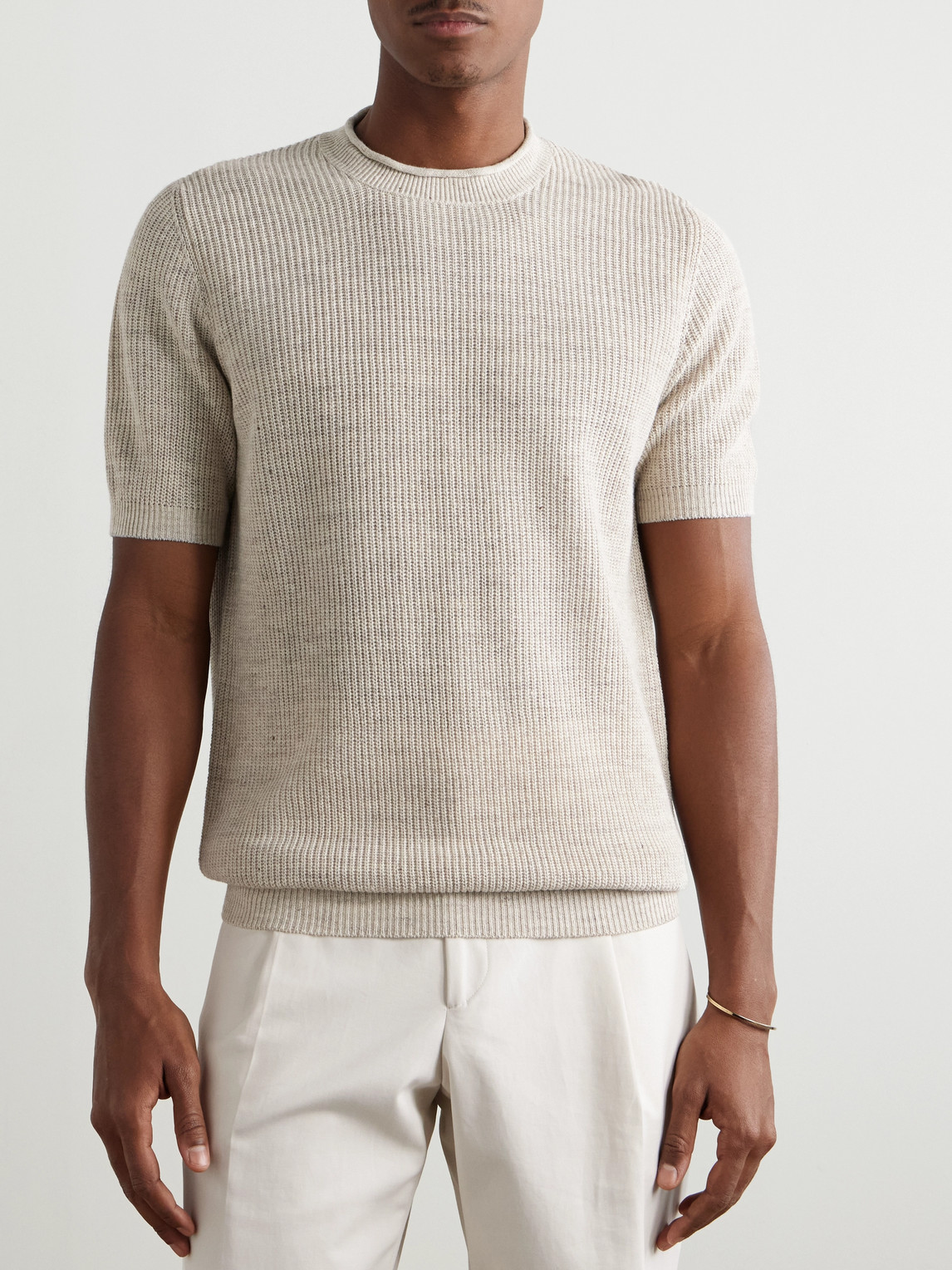 Brunello Cucinelli Ribbed Linen And Cotton-blend T-shirt In Neutrals
