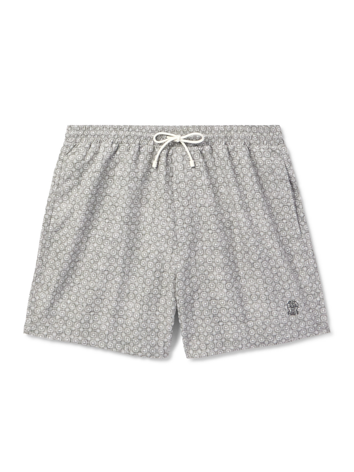 Brunello Cucinelli Straight-leg Mid-length Logo-embroidered Printed Swim Shorts In Gray