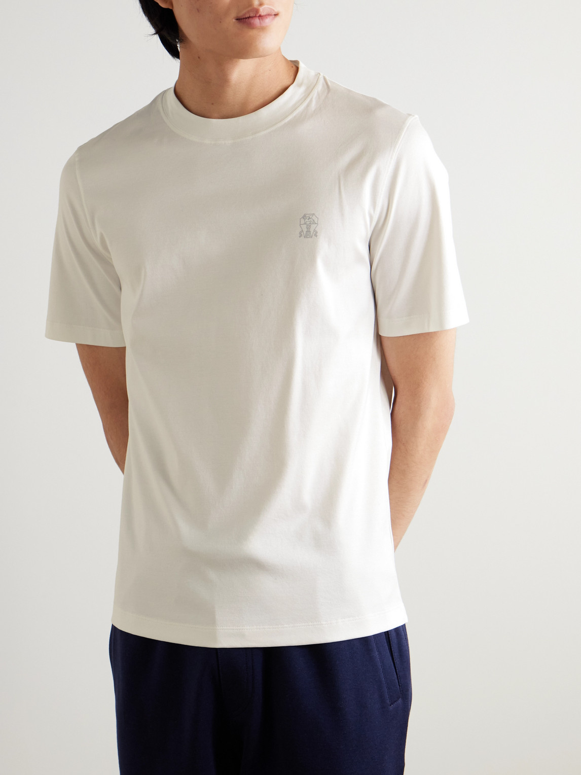 Brunello Cucinelli Men Cotton Jersey Crew-neck T-shirt With Logo And Faux-layering In White