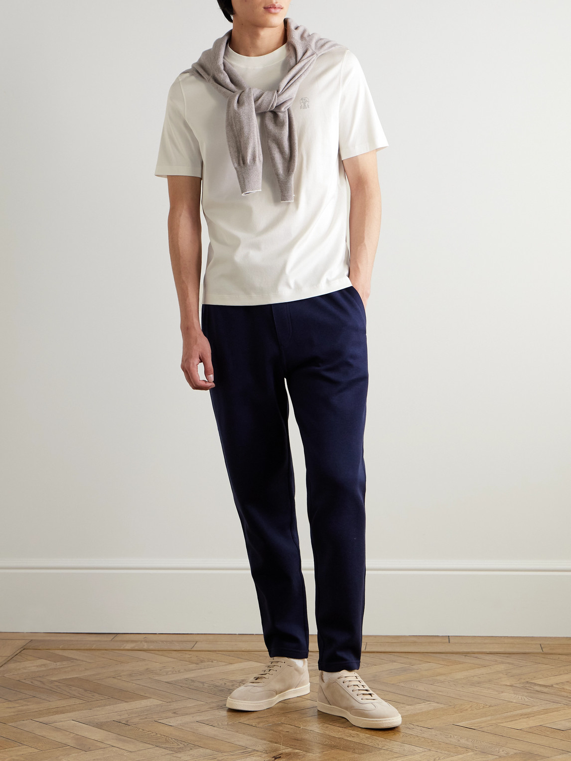 Brunello Cucinelli Men Cotton Jersey Crew-neck T-shirt With Logo And Faux-layering In White
