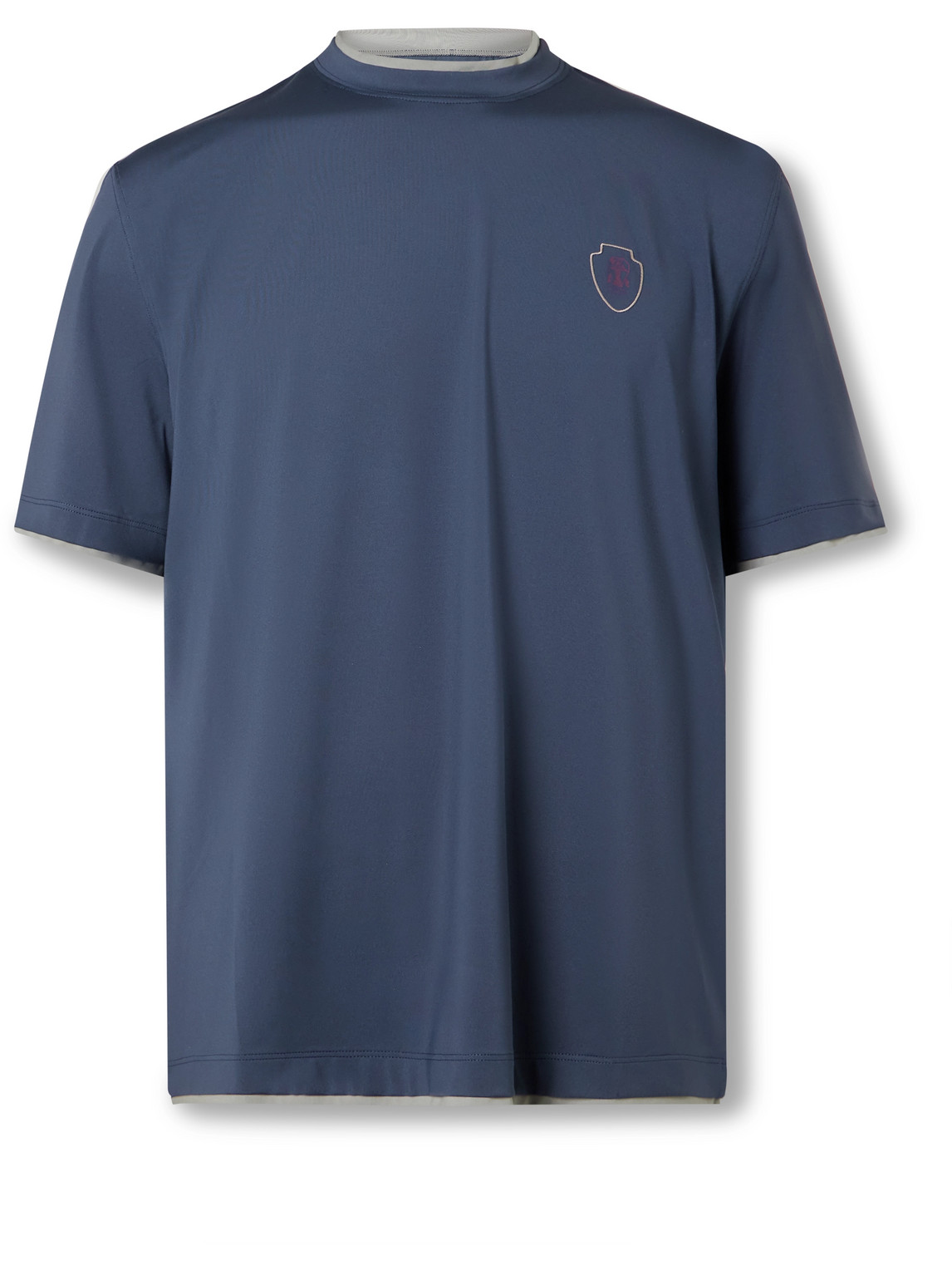 Brunello Cucinelli Layered Logo-print Tech-jersey Tennis T-shirt In Blue