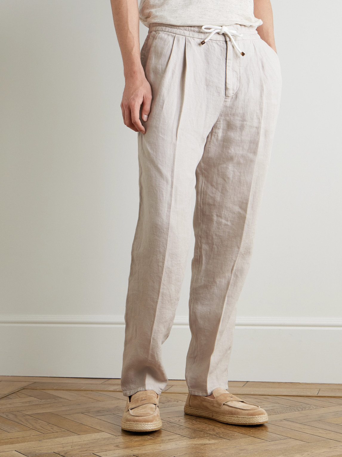 Brunello Cucinelli Straight-leg Linen Drawstring Trousers In Neutrals