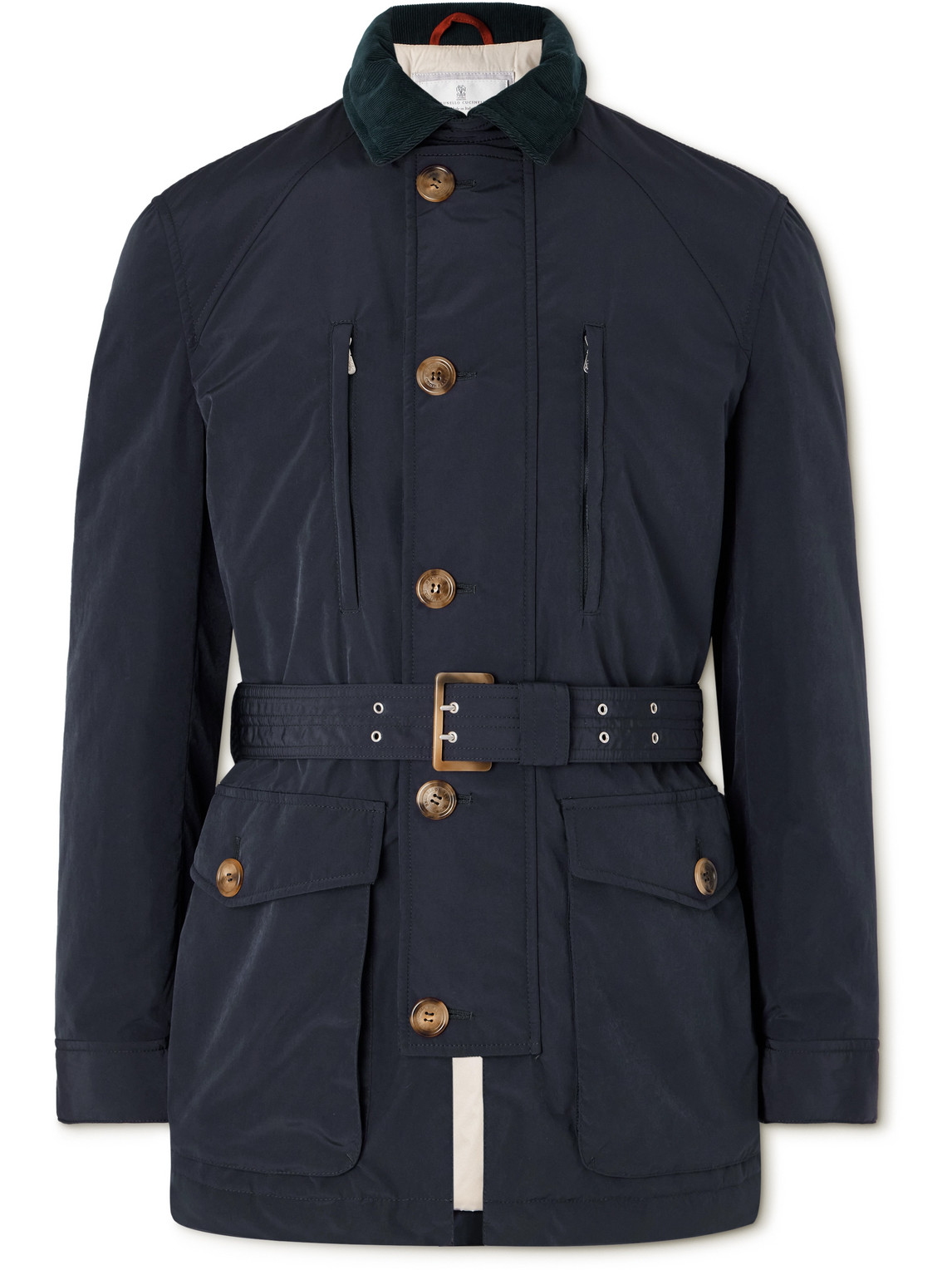 Brunello Cucinelli Cotton-corduroy Trimmed Belted Padded Shell Jacket In Blue