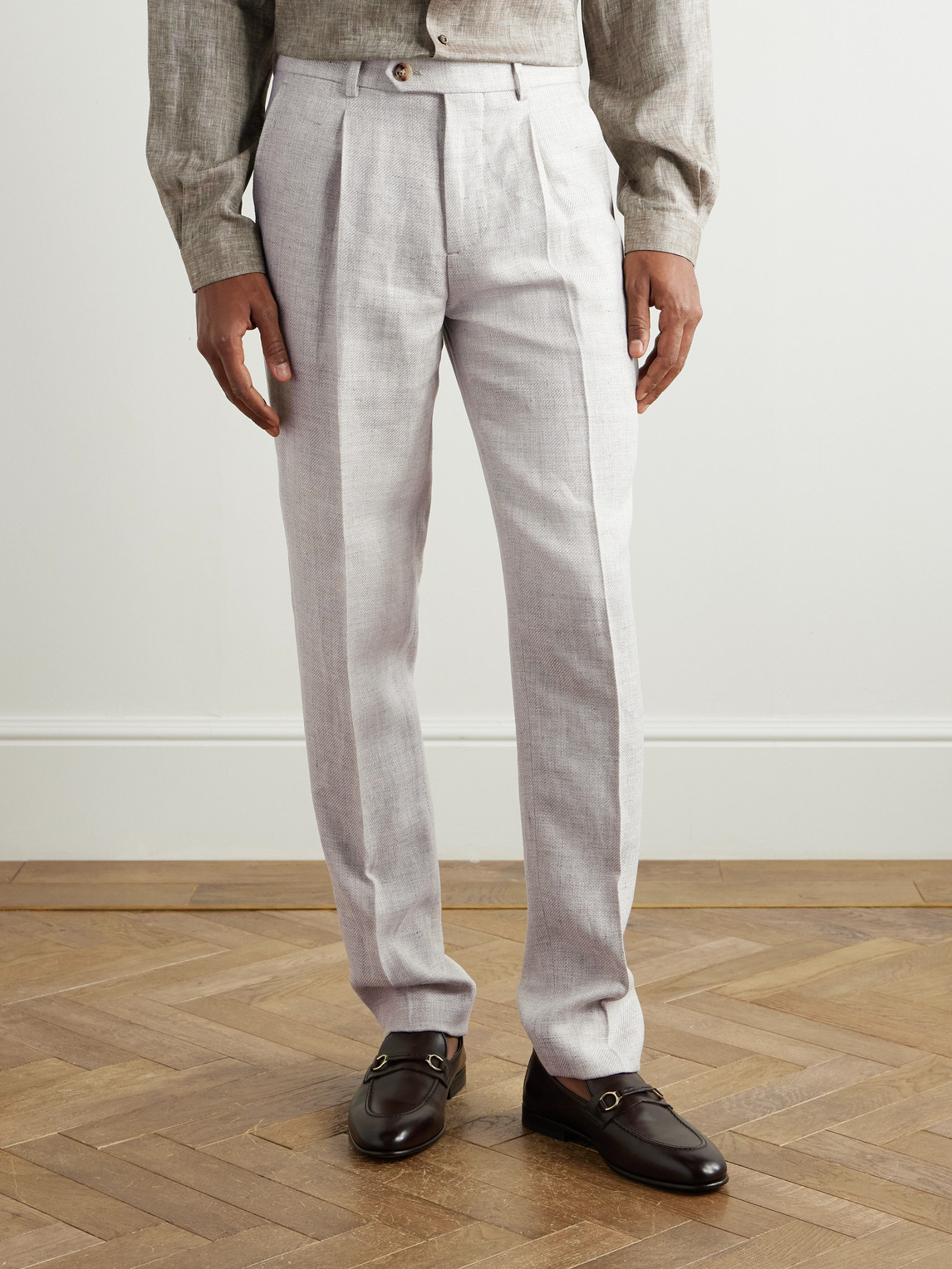 Brunello Cucinelli Straight-leg Pleated Wool-blend Suit Trousers In Gray
