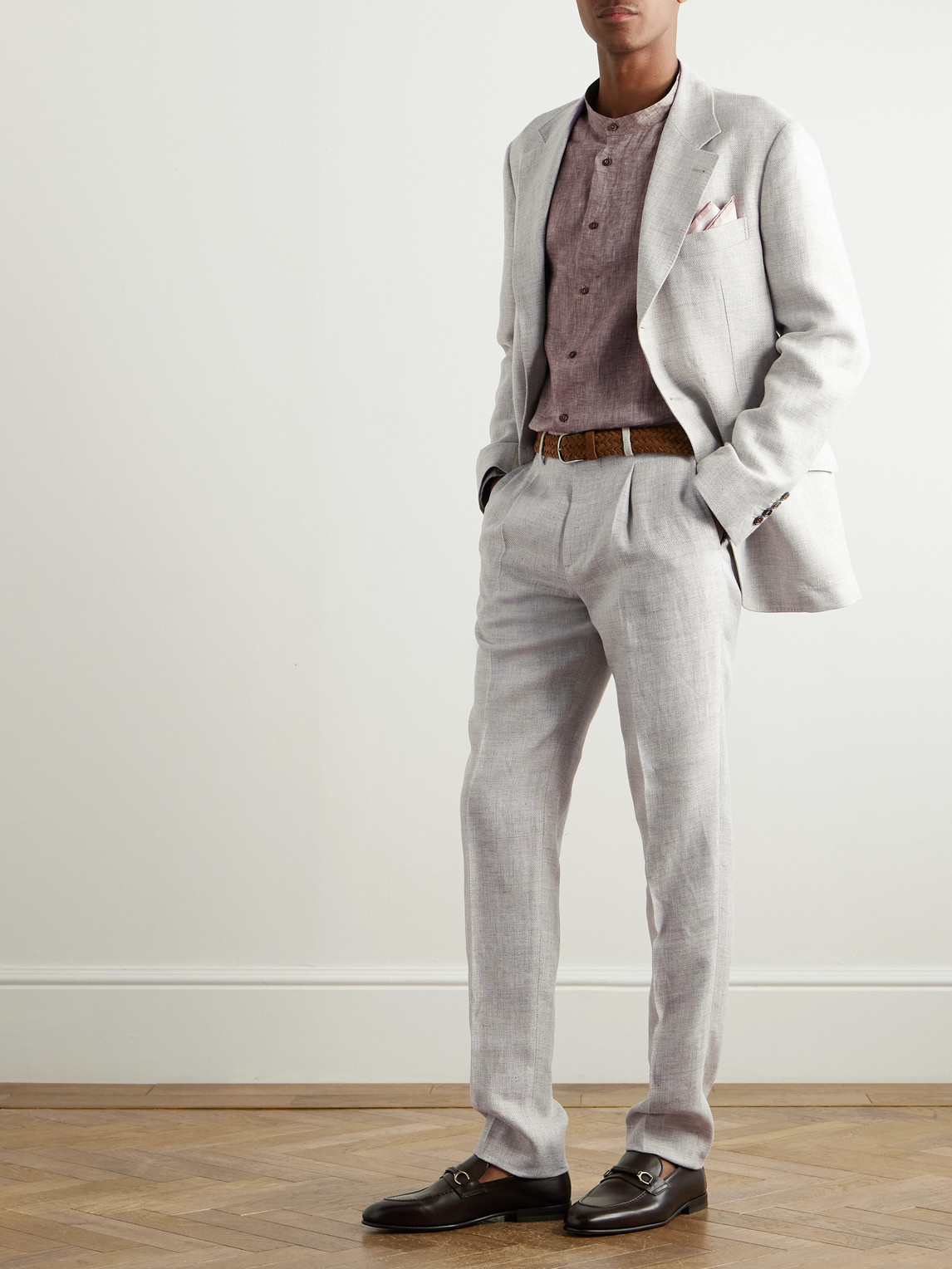 Brunello Cucinelli Straight-leg Pleated Wool-blend Suit Trousers In Gray