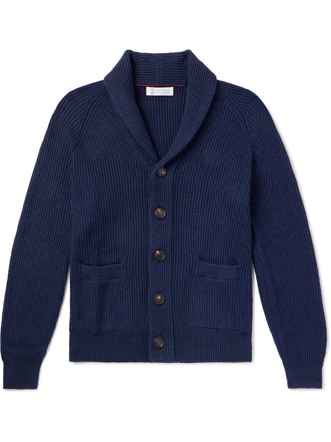 Brunello Cucinelli Shawl-collar Ribbed Cotton Cardigan In Blue