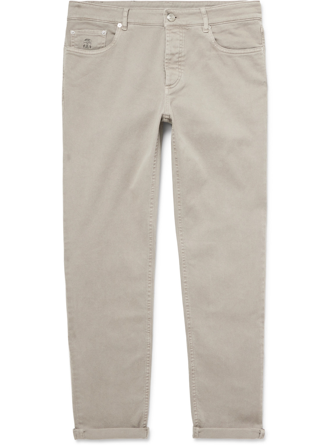 Brunello Cucinelli Slim-fit Straight-leg Logo-embroidered Jeans In Neutrals