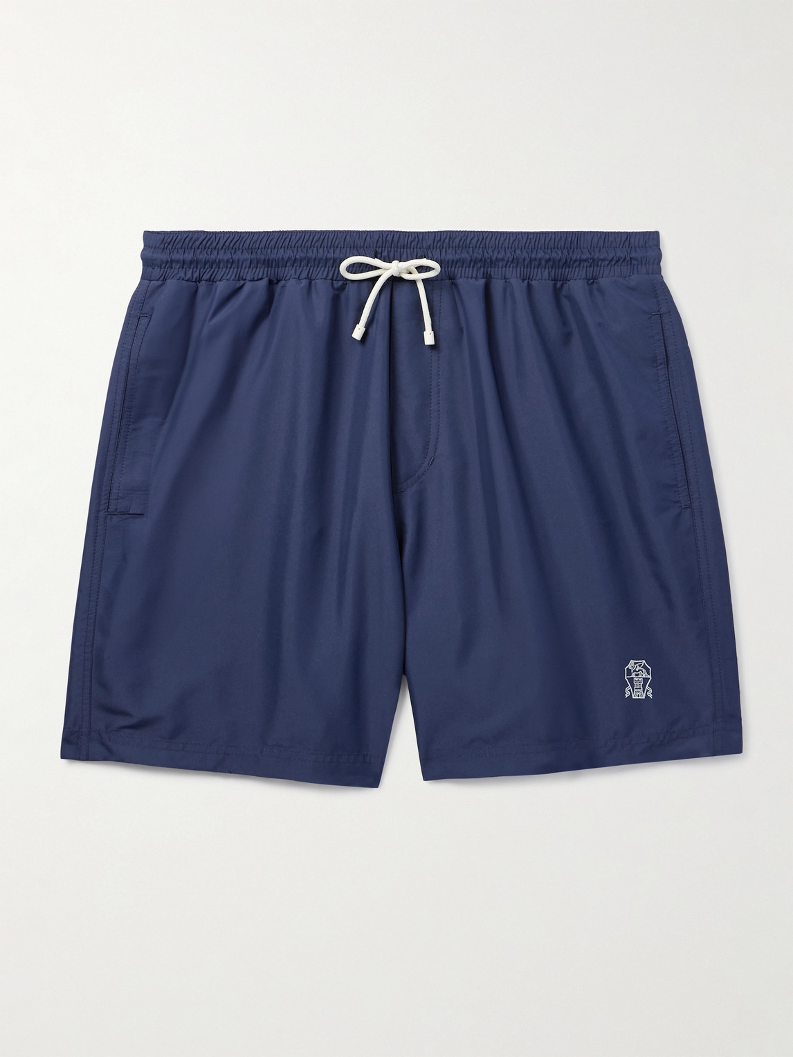 Brunello Cucinelli Straight-Leg Mid-Length Logo-Embroidered Swim Shorts - Men