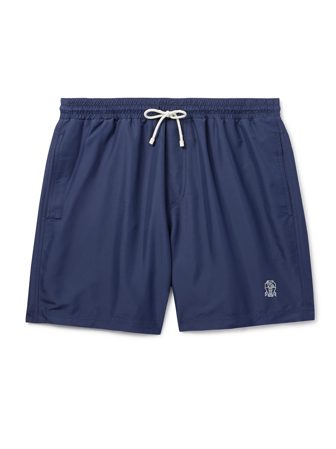 Brunello Cucinelli Straight-leg Mid-length Logo-embroidered Swim Shorts In Blue