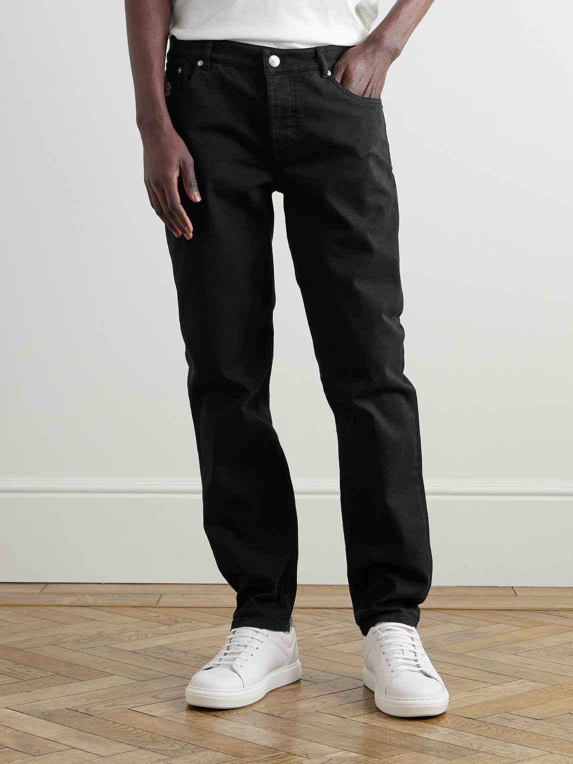 Brunello Cucinelli Slim-fit Straight-leg Logo-embroidered Jeans In Black