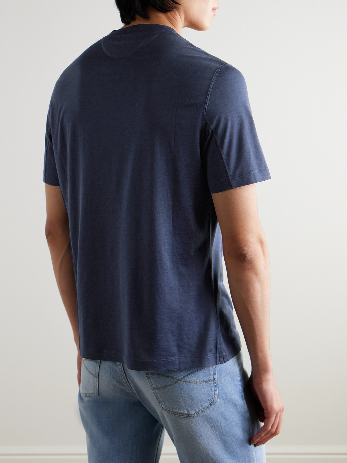 Brunello Cucinelli Contrasting-trims Solid T-shirts In Blue