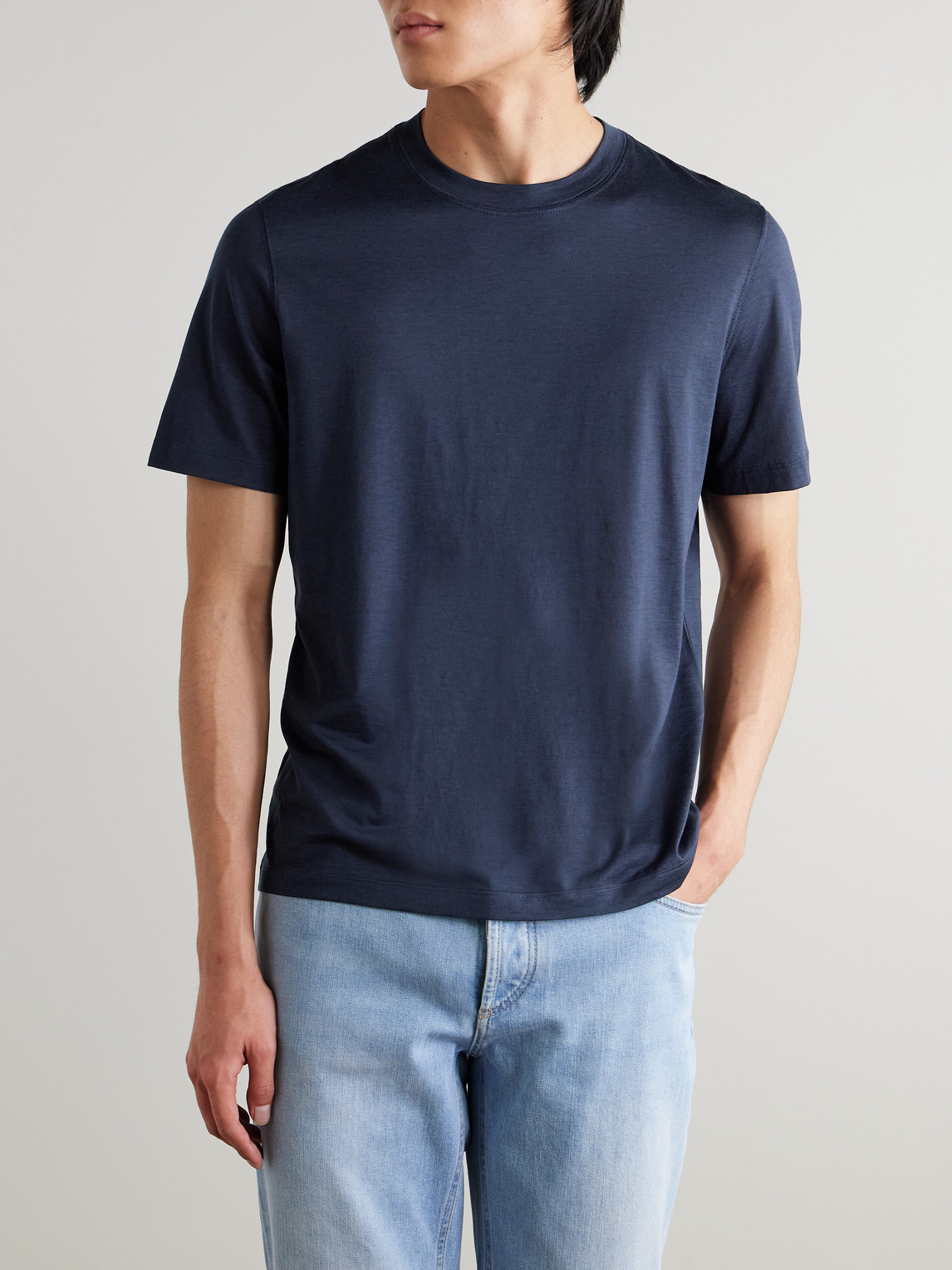 Brunello Cucinelli Contrasting-trims Solid T-shirts In Blue
