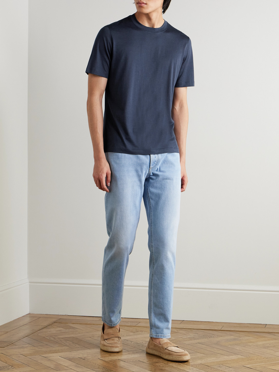 Brunello Cucinelli Contrasting-trims Solid T-shirts In Blue
