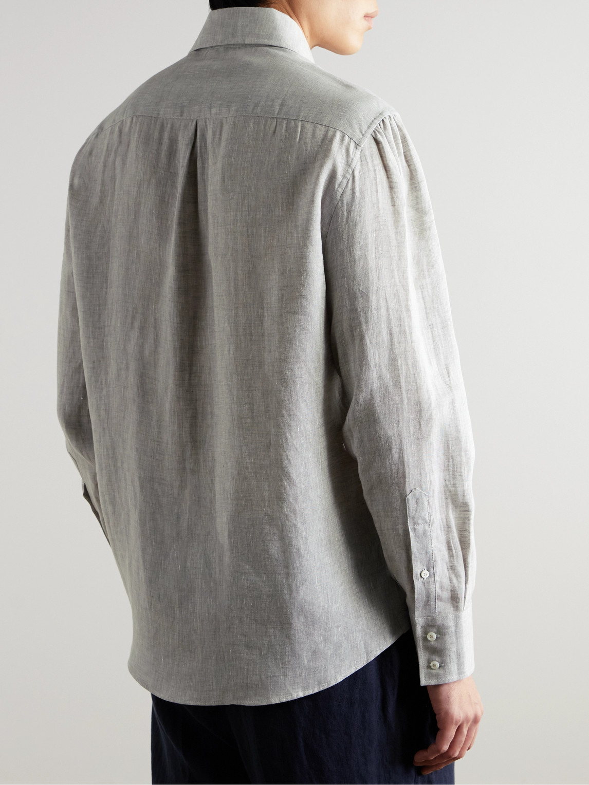 Brunello Cucinelli Grey Linen Shirt With Classic Button-down Collar In Gray