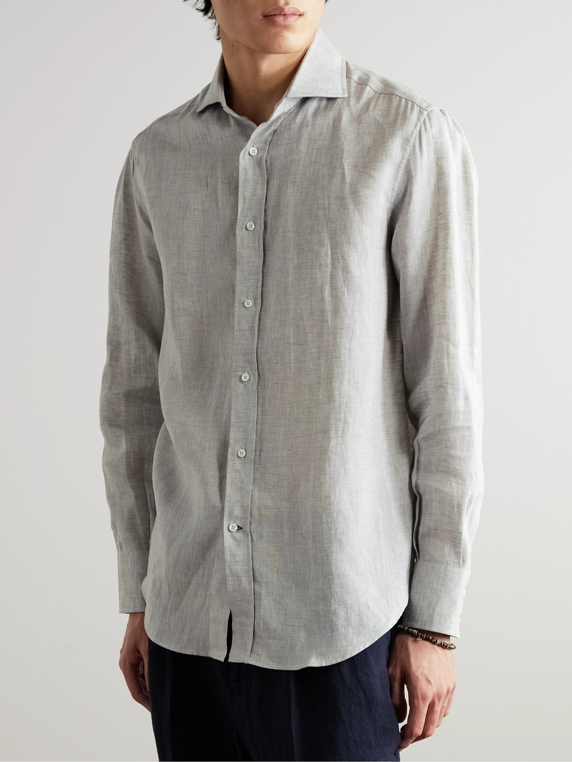 Brunello Cucinelli Grey Linen Shirt With Classic Button-down Collar In Gray