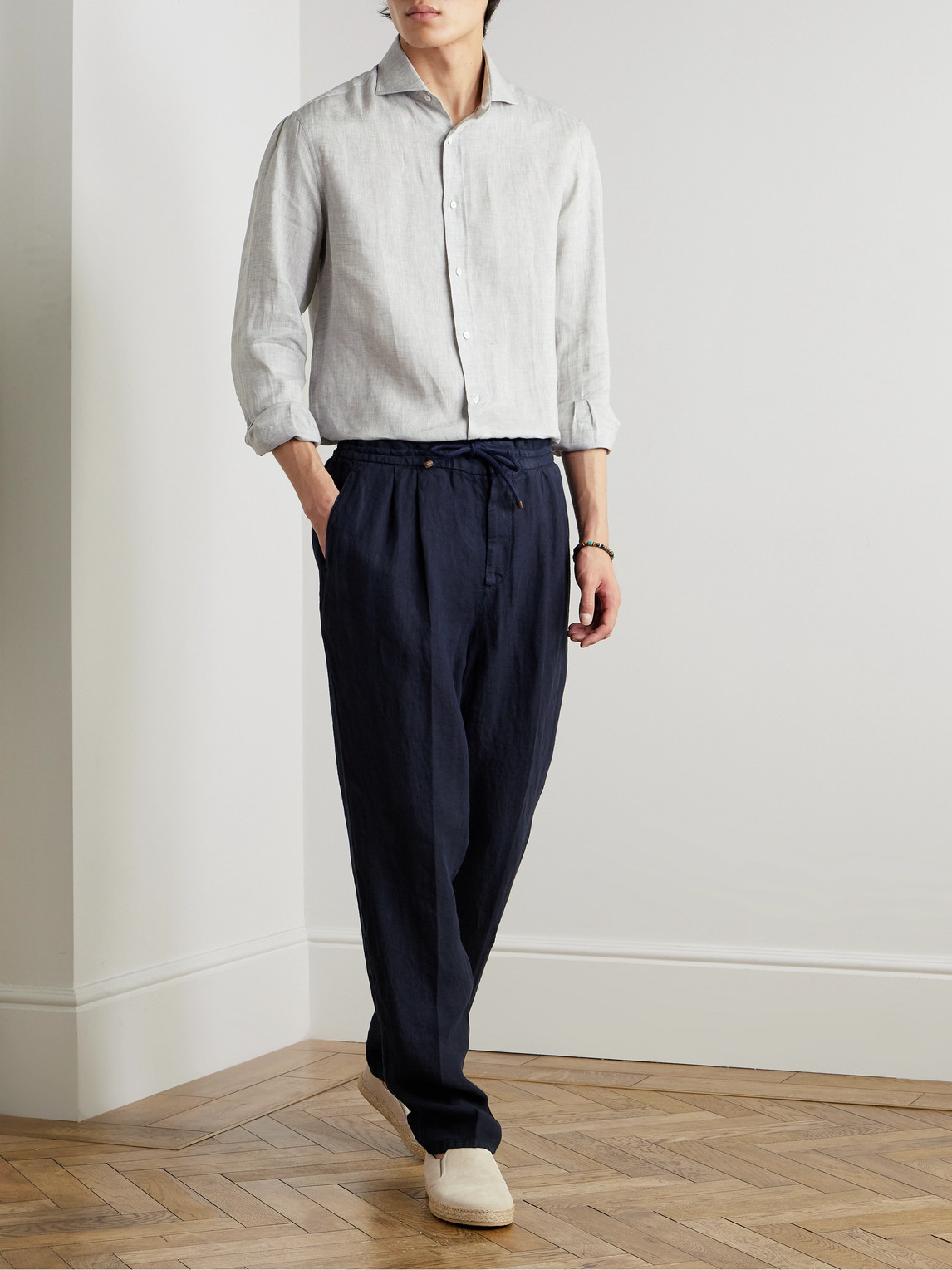 Brunello Cucinelli Grey Linen Shirt With Classic Button-down Collar In Gray