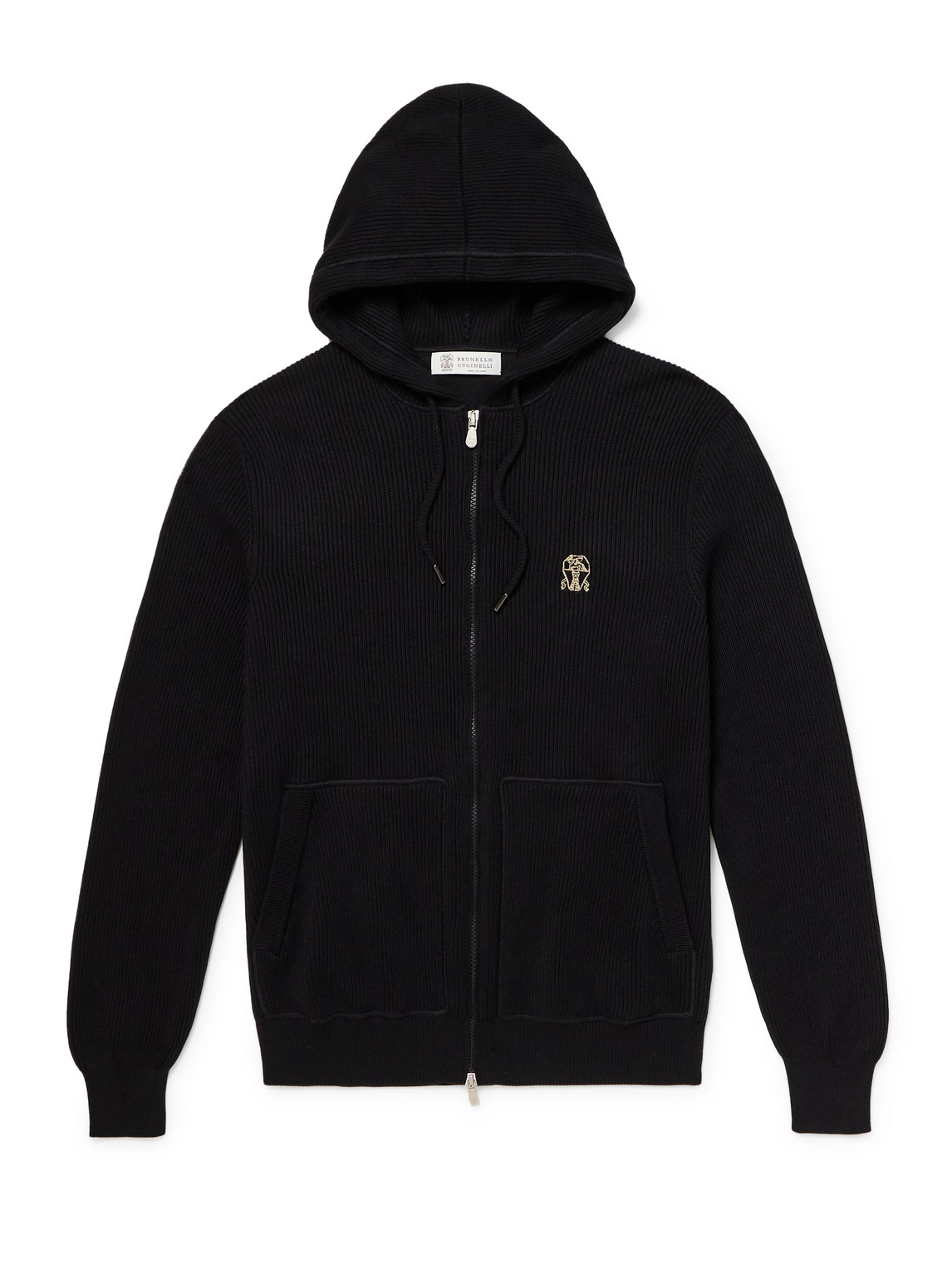 Brunello Cucinelli Logo-embroidered Ribbed Cotton Zip-up Hoodie In Black