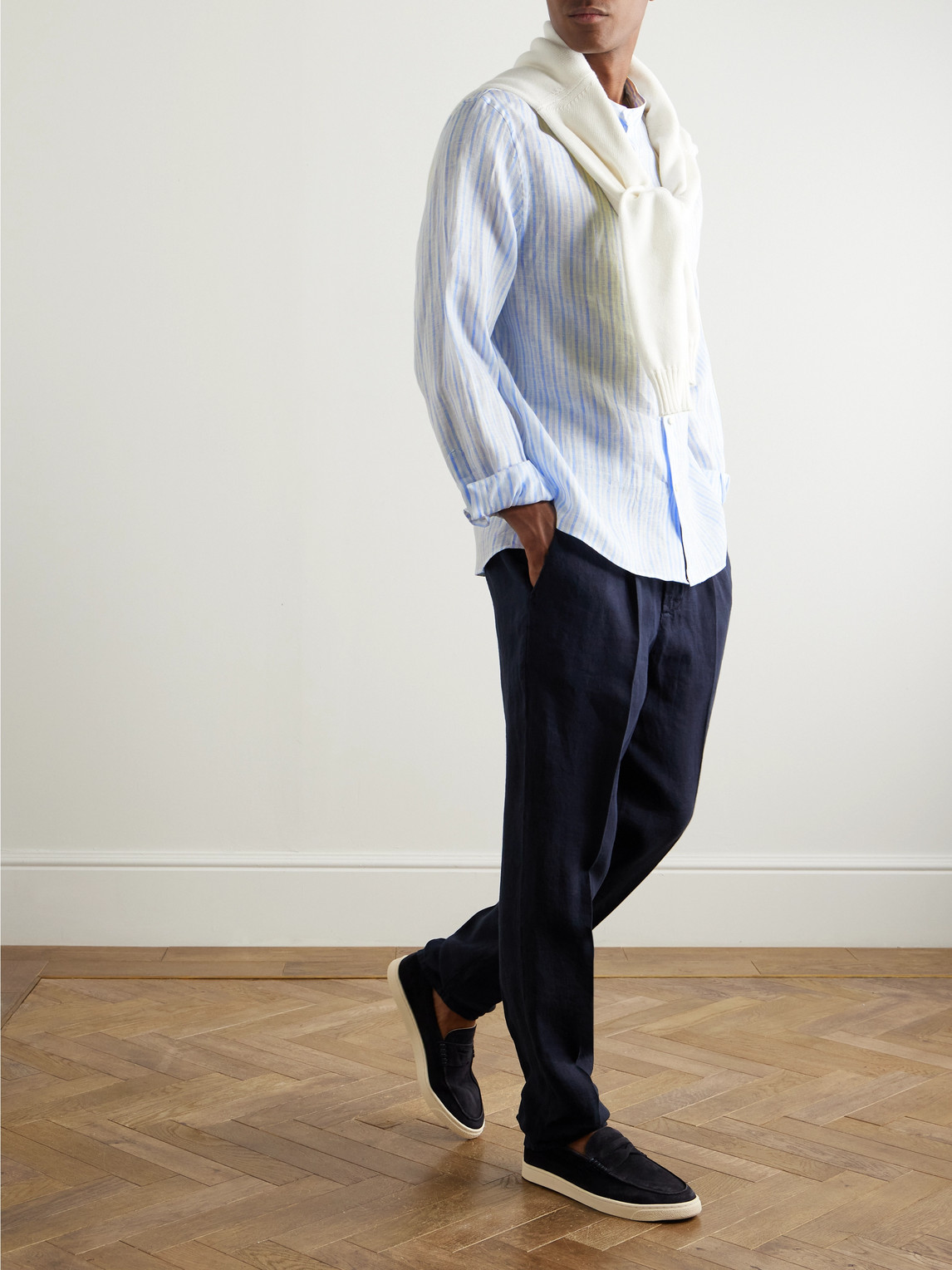 Brunello Cucinelli Tapered Pleated Linen-twill Trousers In Blue