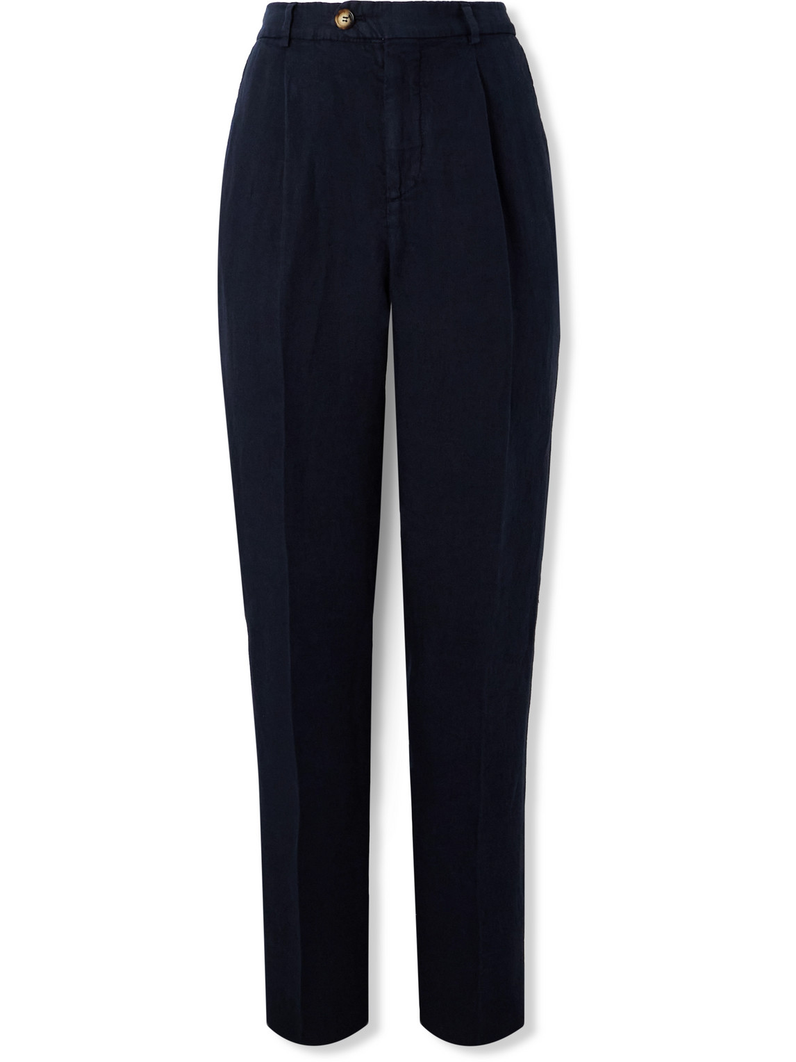 Brunello Cucinelli Tapered Pleated Linen-twill Trousers In Blue