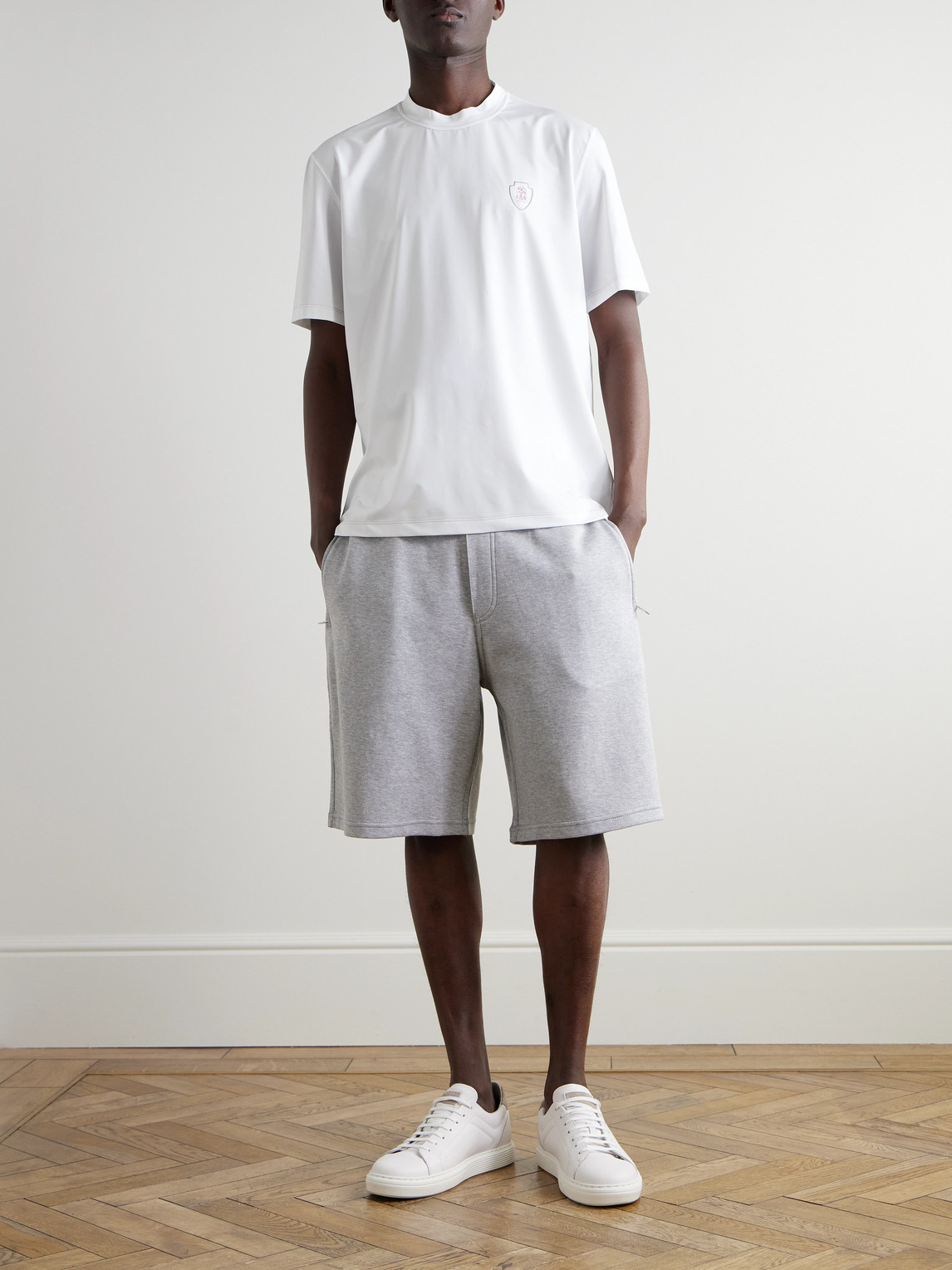 Brunello Cucinelli Logo-print Embroidered Tech-jersey Tennis T-shirt In White