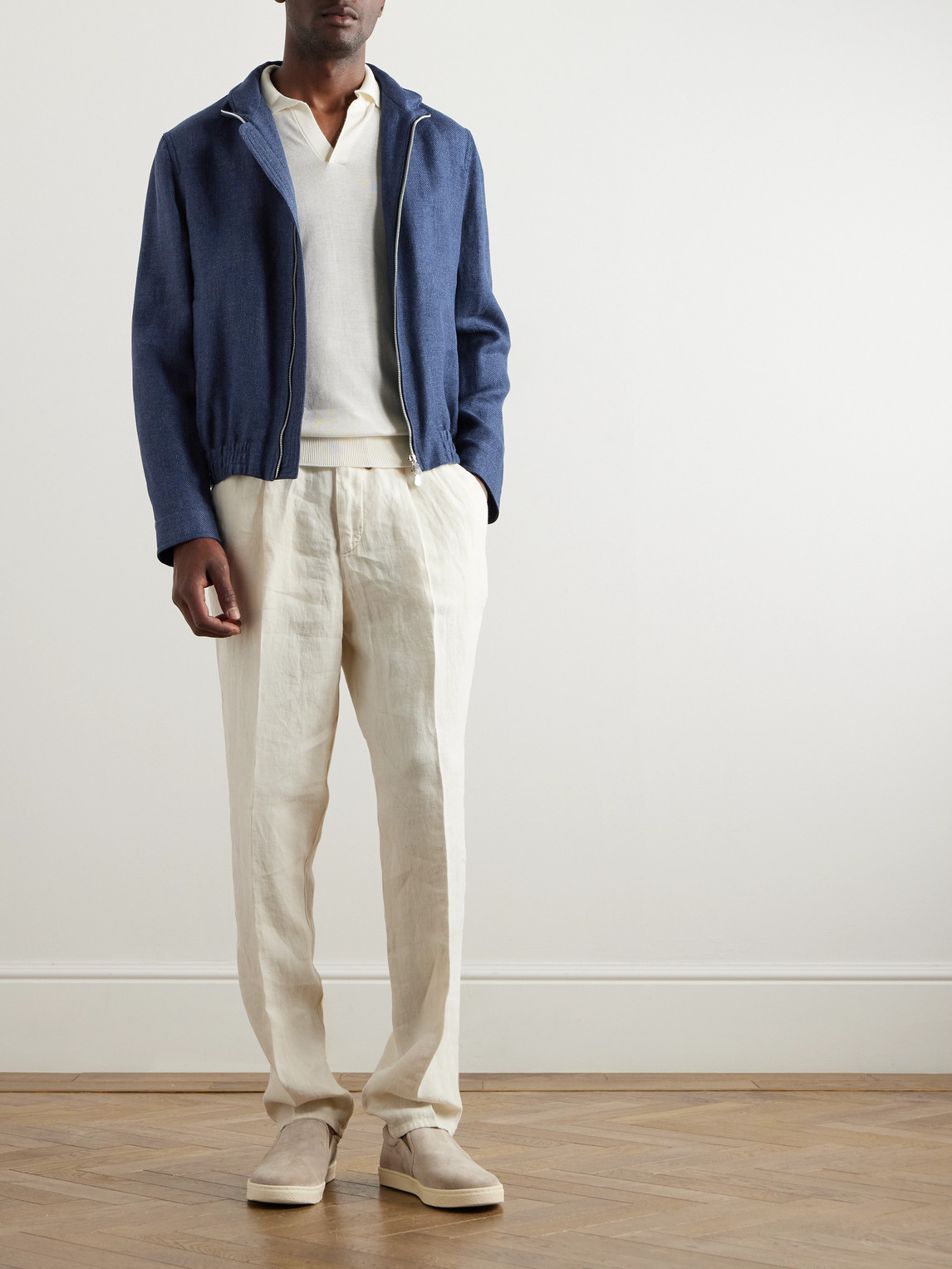 Brunello Cucinelli Linen, Wool And Silk-blend Bomber Jacket In Blue