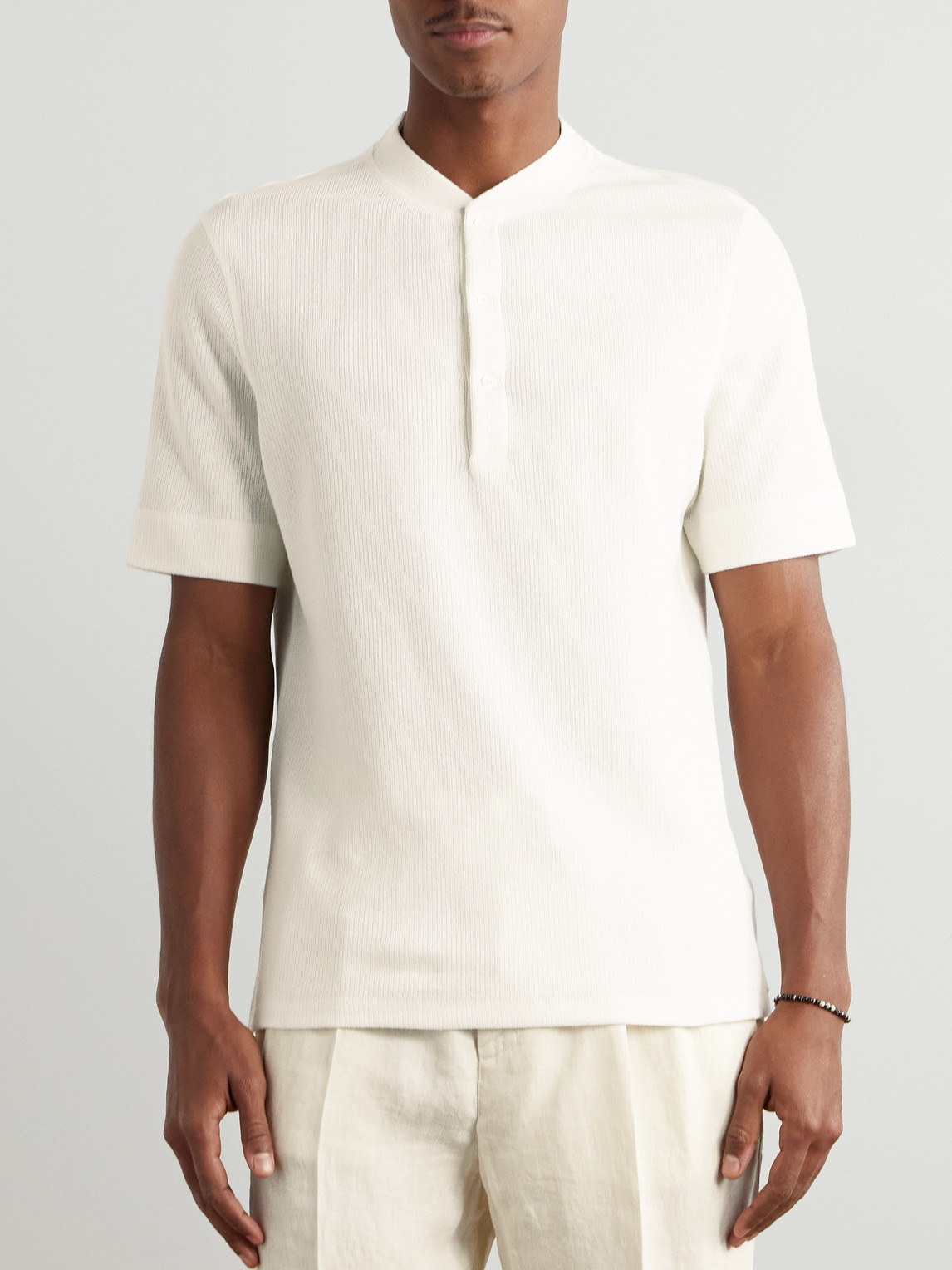 Brunello Cucinelli Ribbed Cotton And Linen-blend Henley T-shirt In White