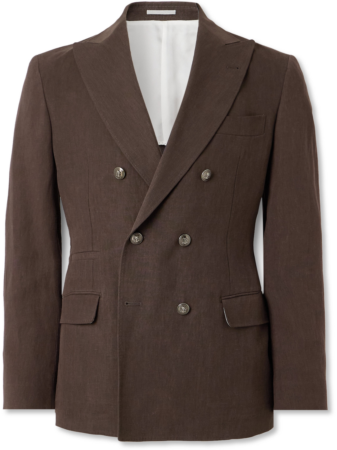 Brunello Cucinelli Double-breasted Linen Suit Jacket In Brown