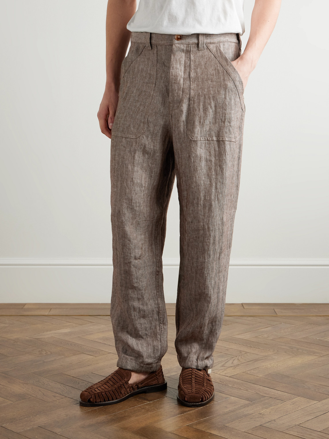 Brunello Cucinelli Straight-leg Herringbone Linen Trousers In Gray