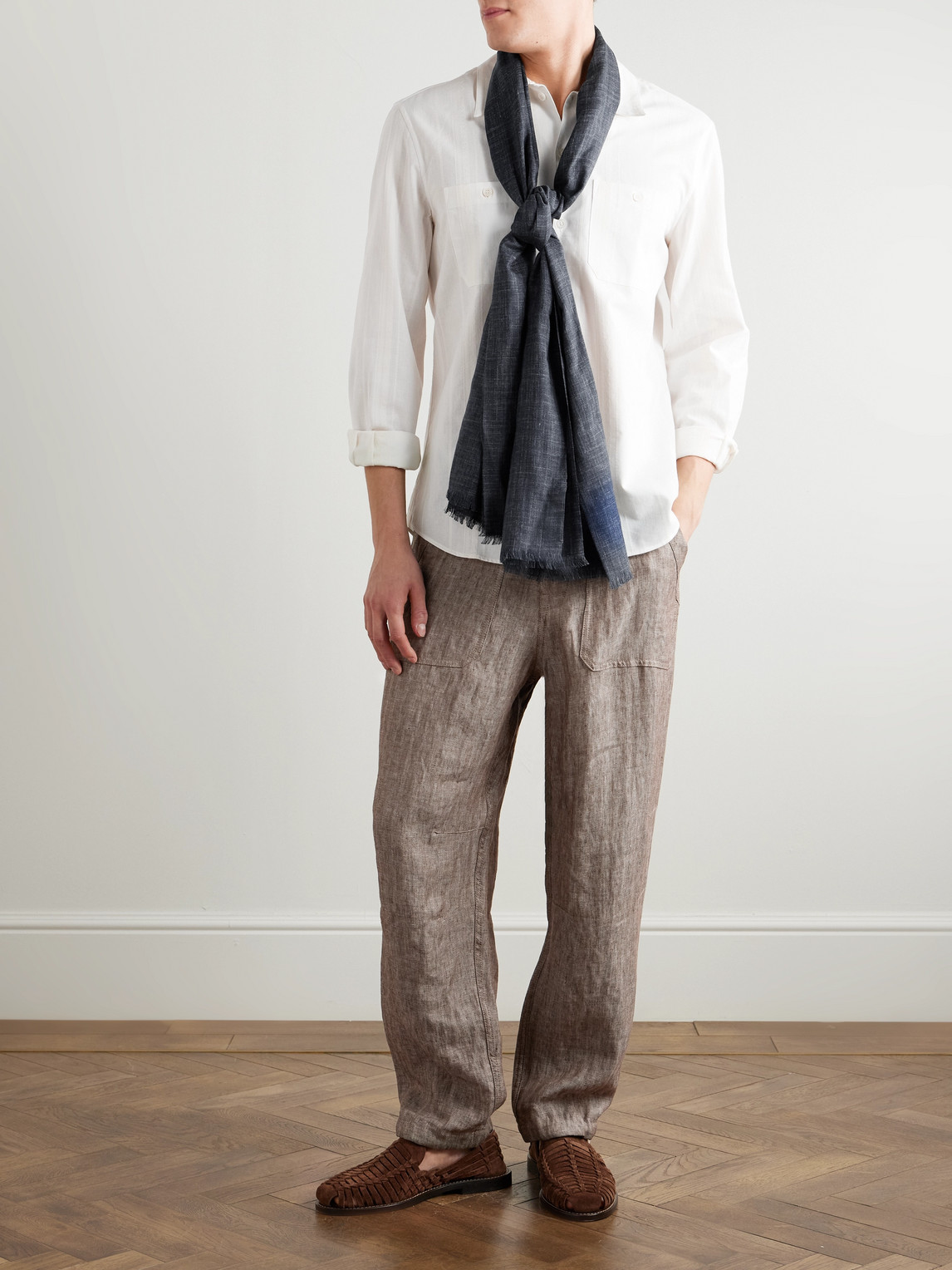 Brunello Cucinelli Straight-leg Herringbone Linen Trousers In Gray