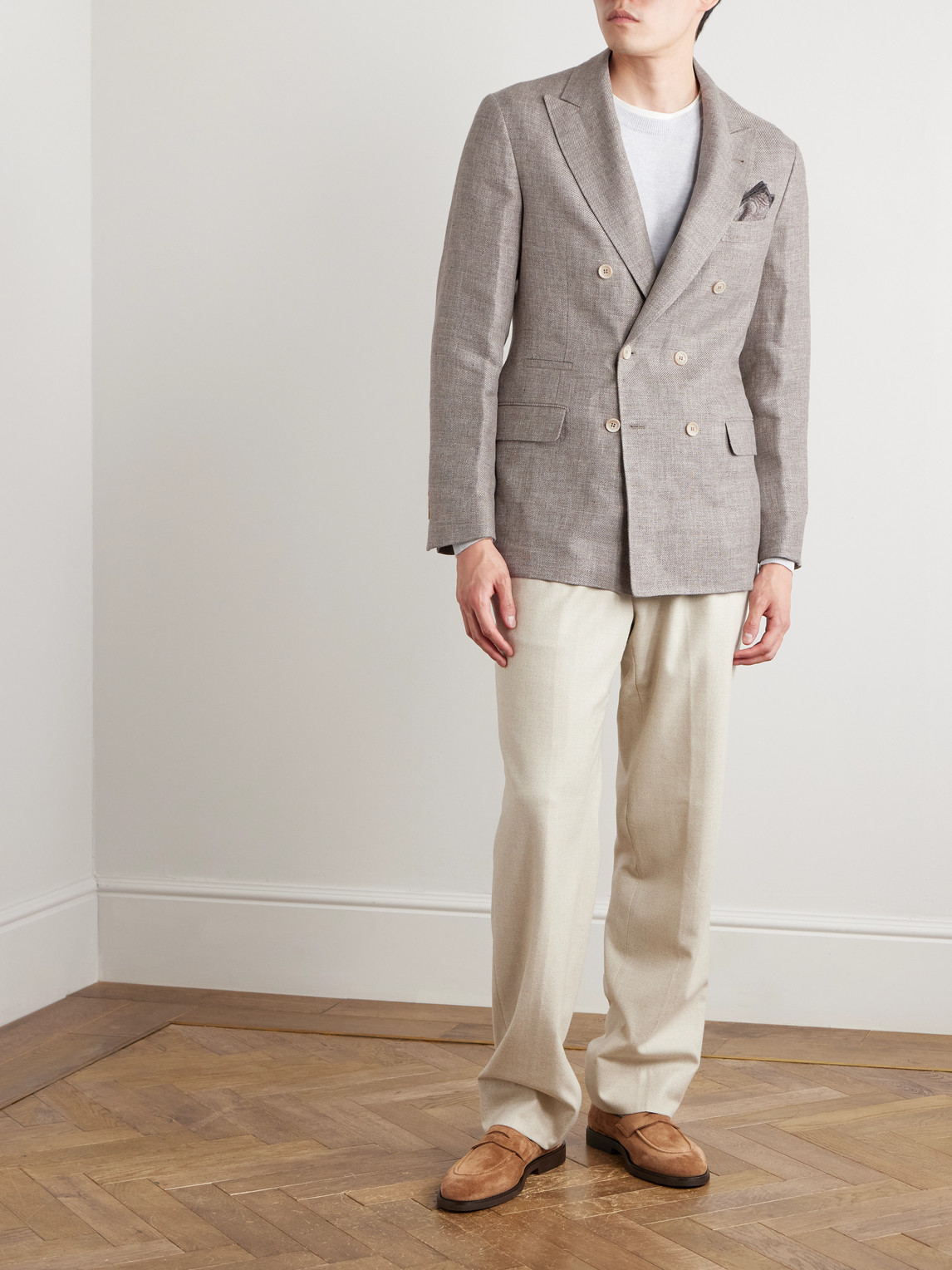 BRUNELLO CUCINELLI DOUBLE-BREASTED LINEN, WOOL AND SILK-BLEND HOPSACK BLAZER