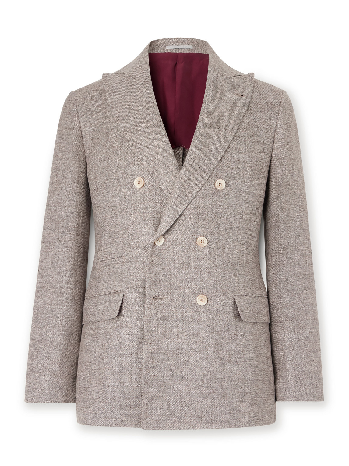 Brunello Cucinelli Double-breasted Linen, Wool And Silk-blend Hopsack Blazer In Brown